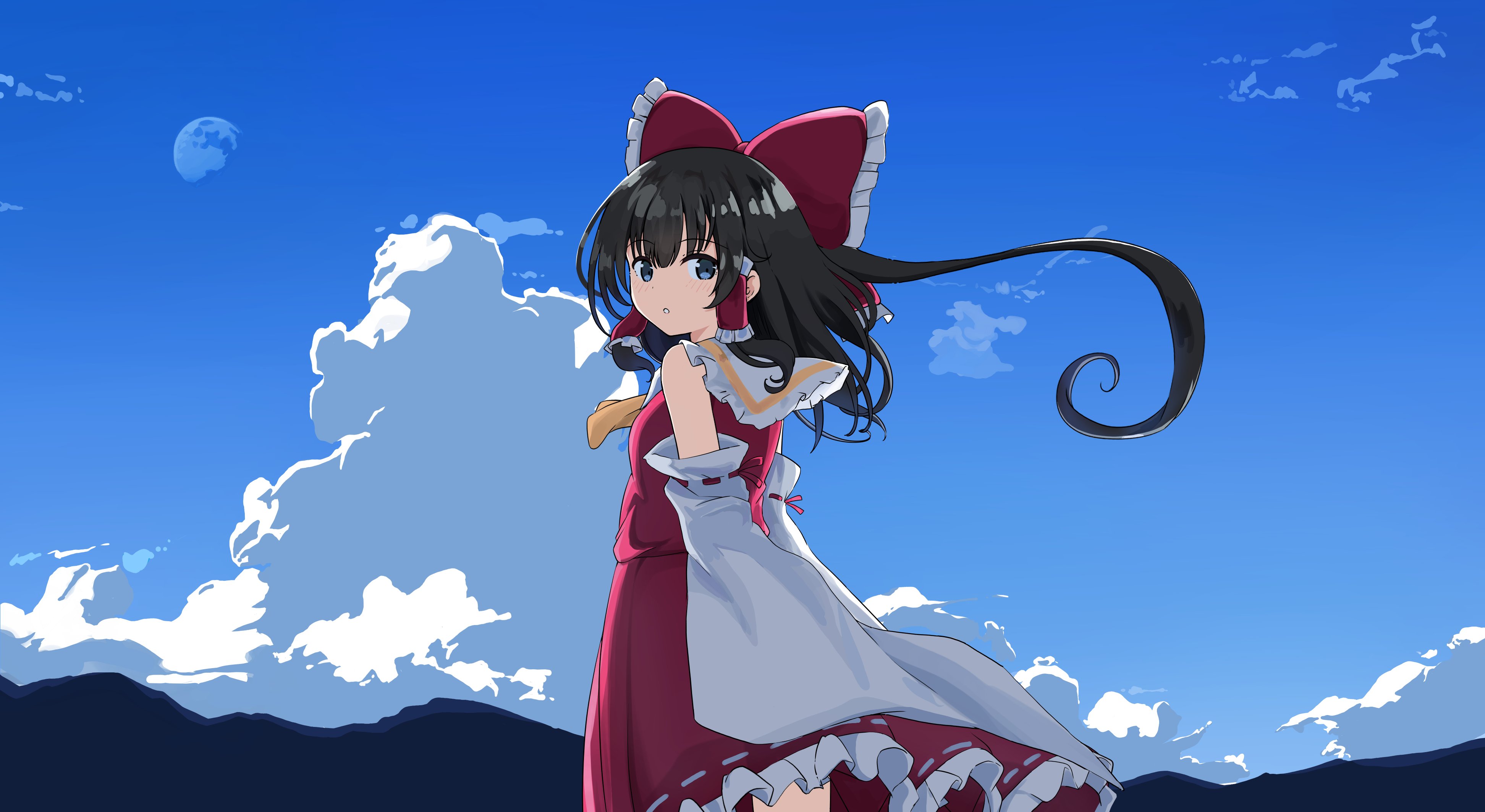 Reimu Hakurei from Touhou Project under a blue sky HD Wallpaper