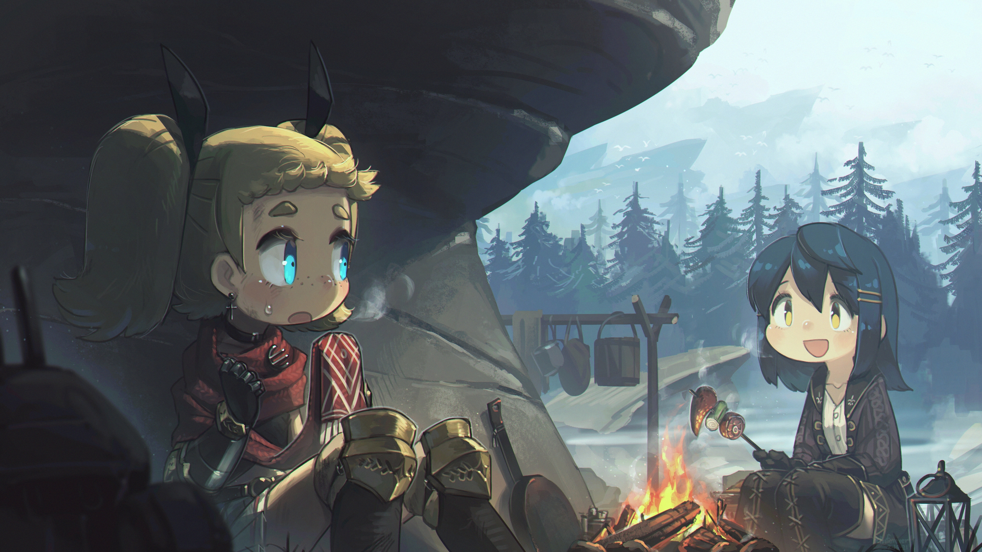 Two Anime Girls Camping by a Campfire HD Wallpaper