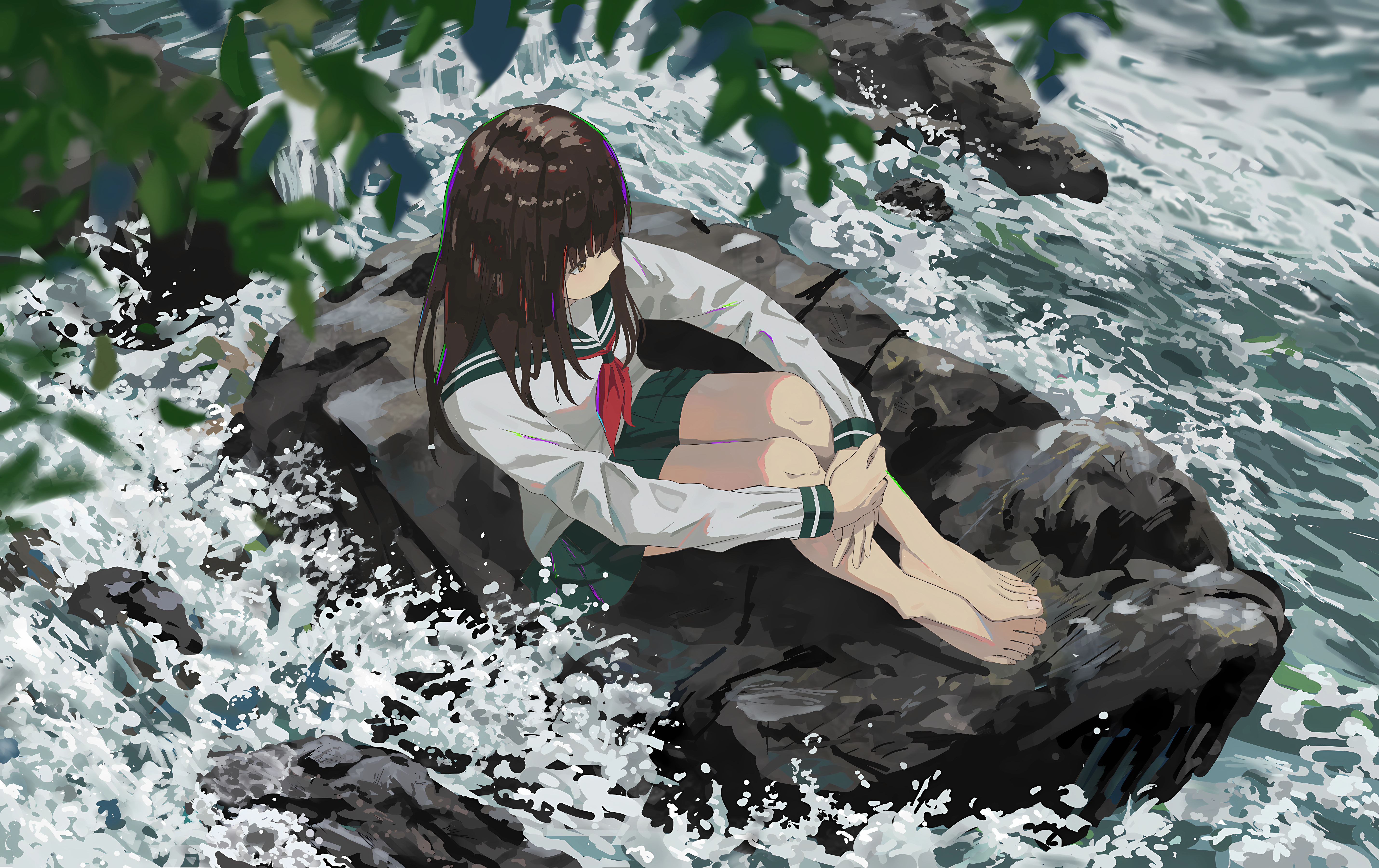 Anime Girl in School Uniform Sitting on a Wet Rock HD Wallpaper