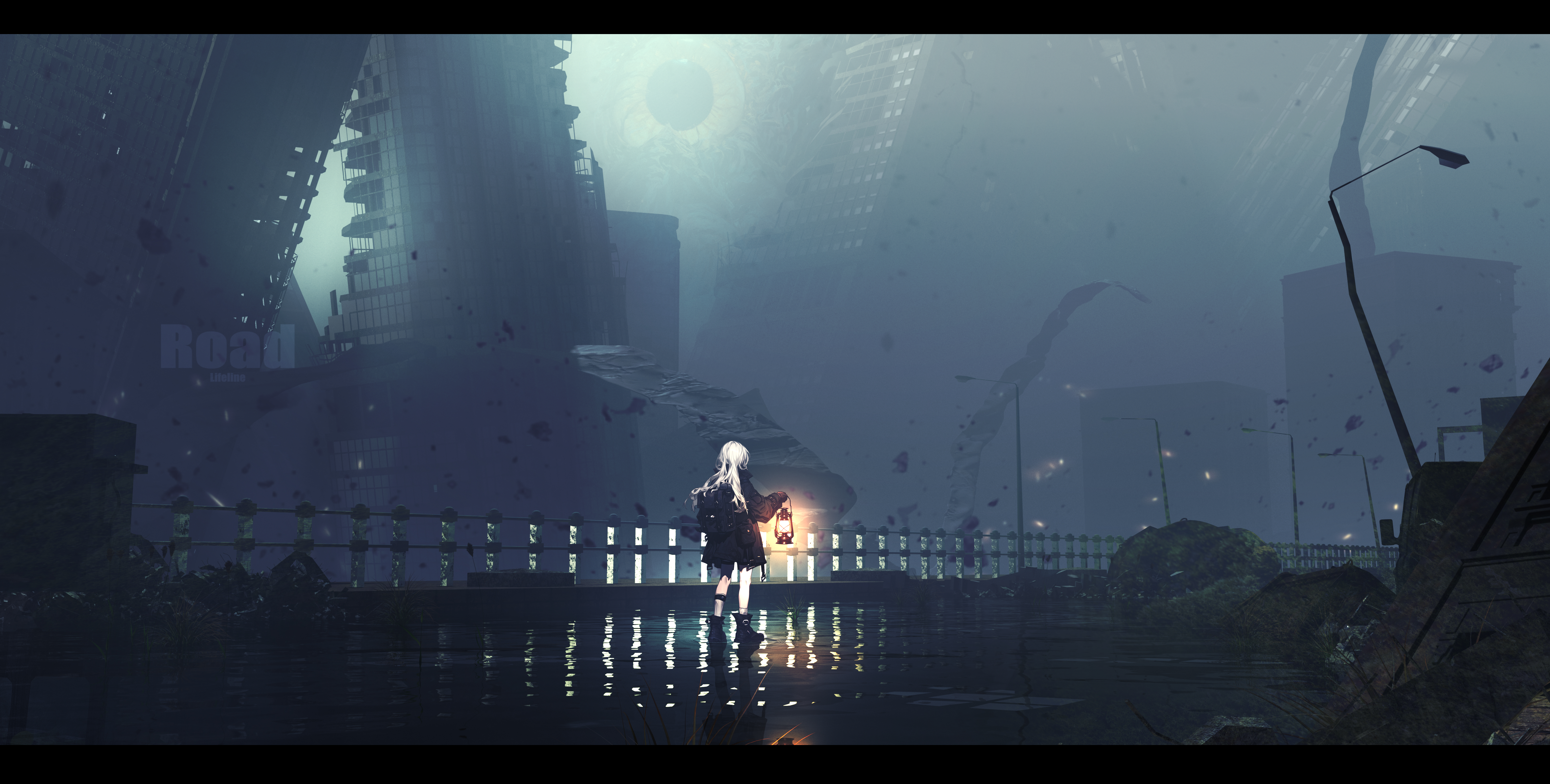 Anime girl with lantern in ruined city HD Wallpaper