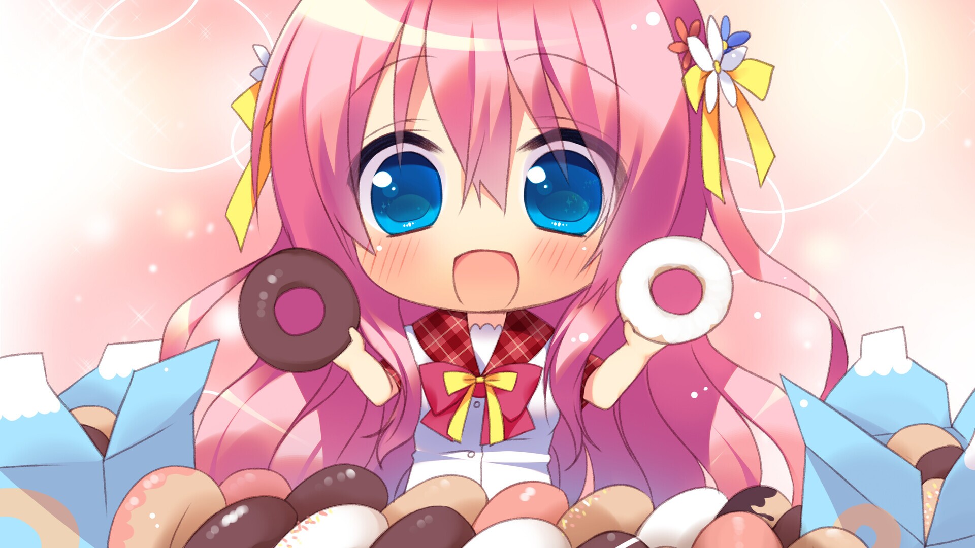 Chibi pink-haired anime girl with donuts from Ji Le Mei Tu 2 HD Wallpaper