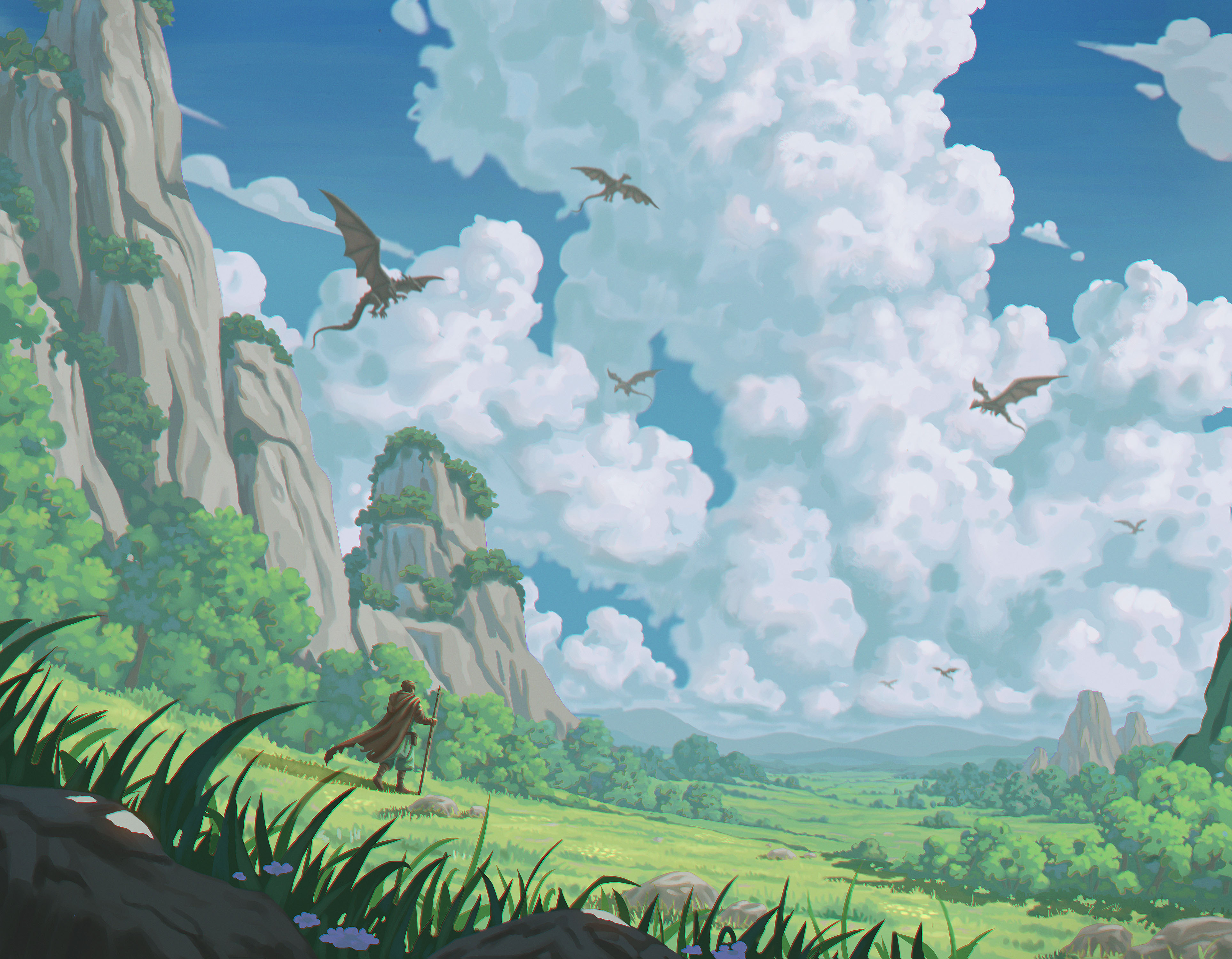 Traveler watching dragons fly over a green valley HD Wallpaper