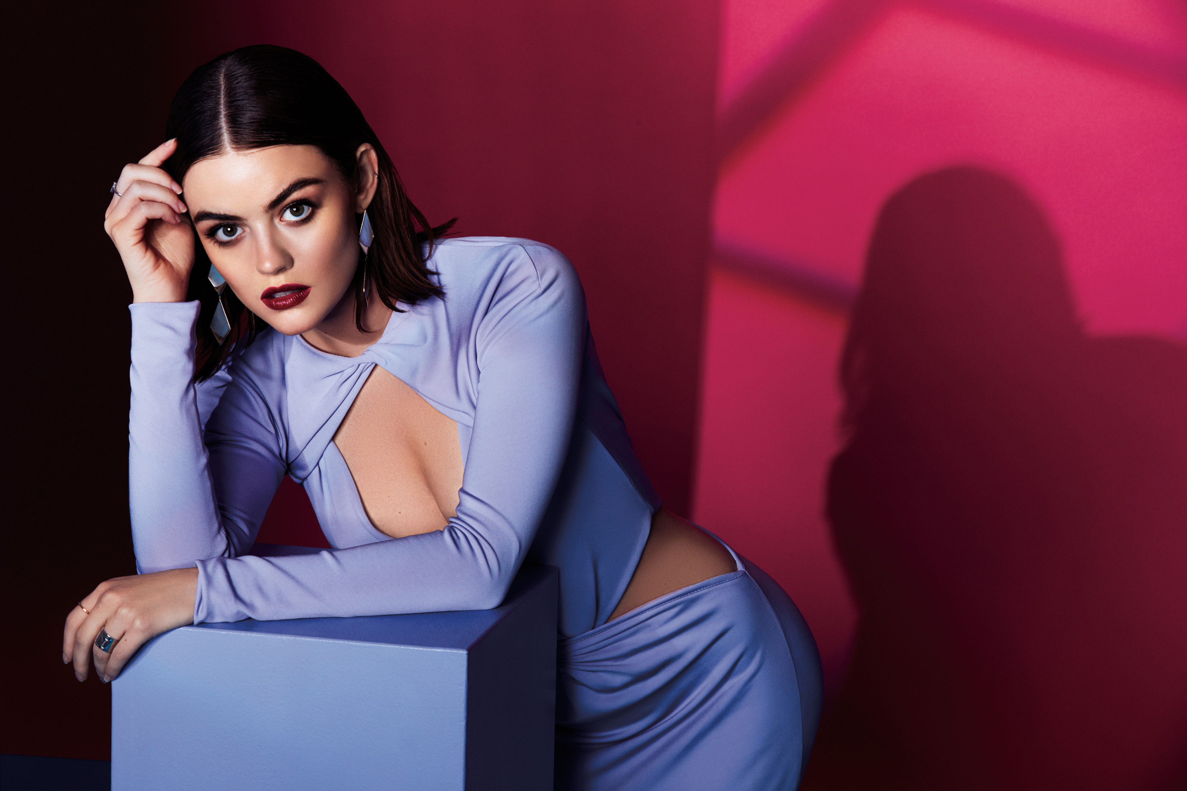 Actress Lucy Hale in a Purple Cutout Dress HD Wallpaper