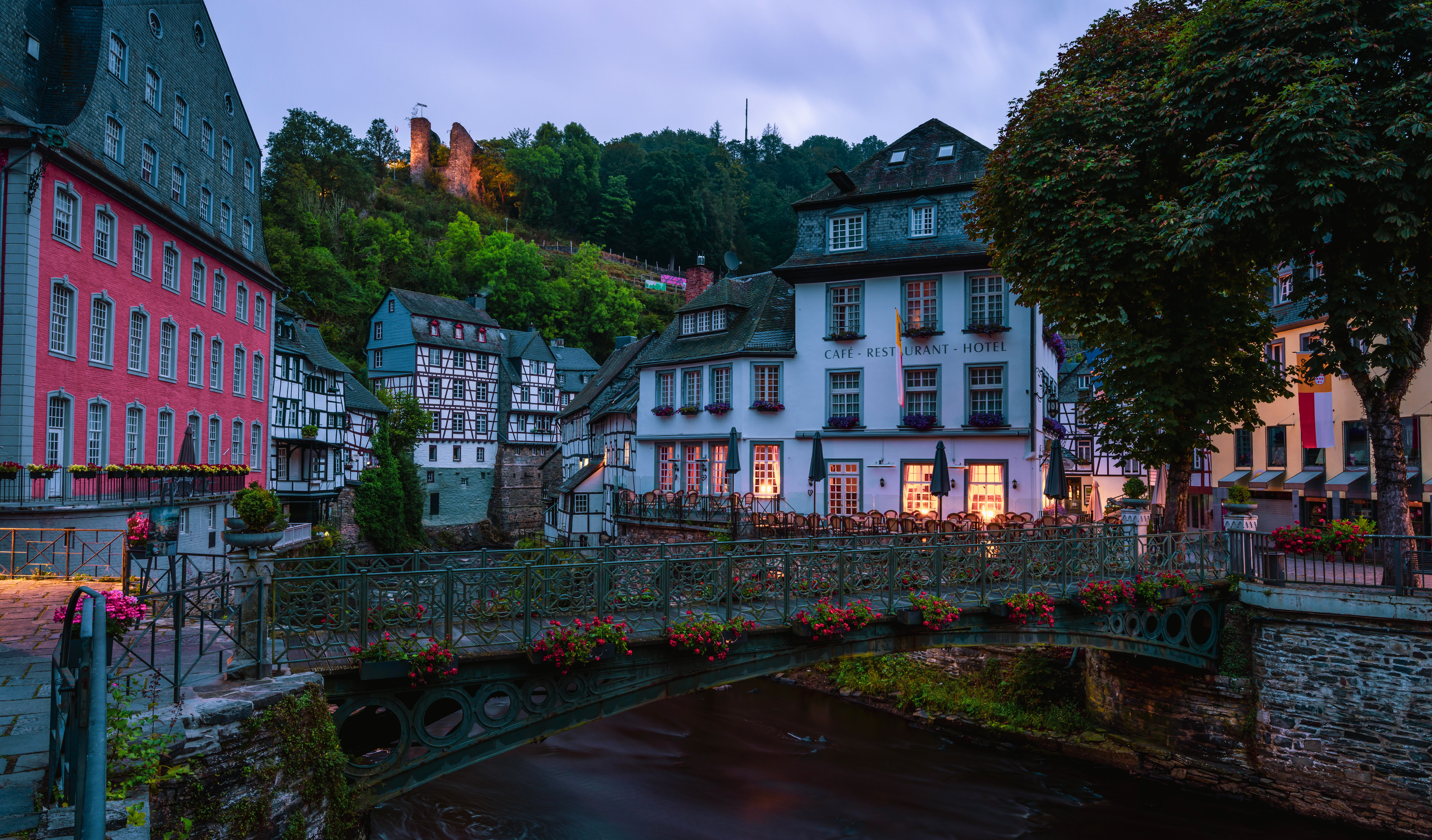 Historic town of Monschau Germany at dusk HD Wallpaper