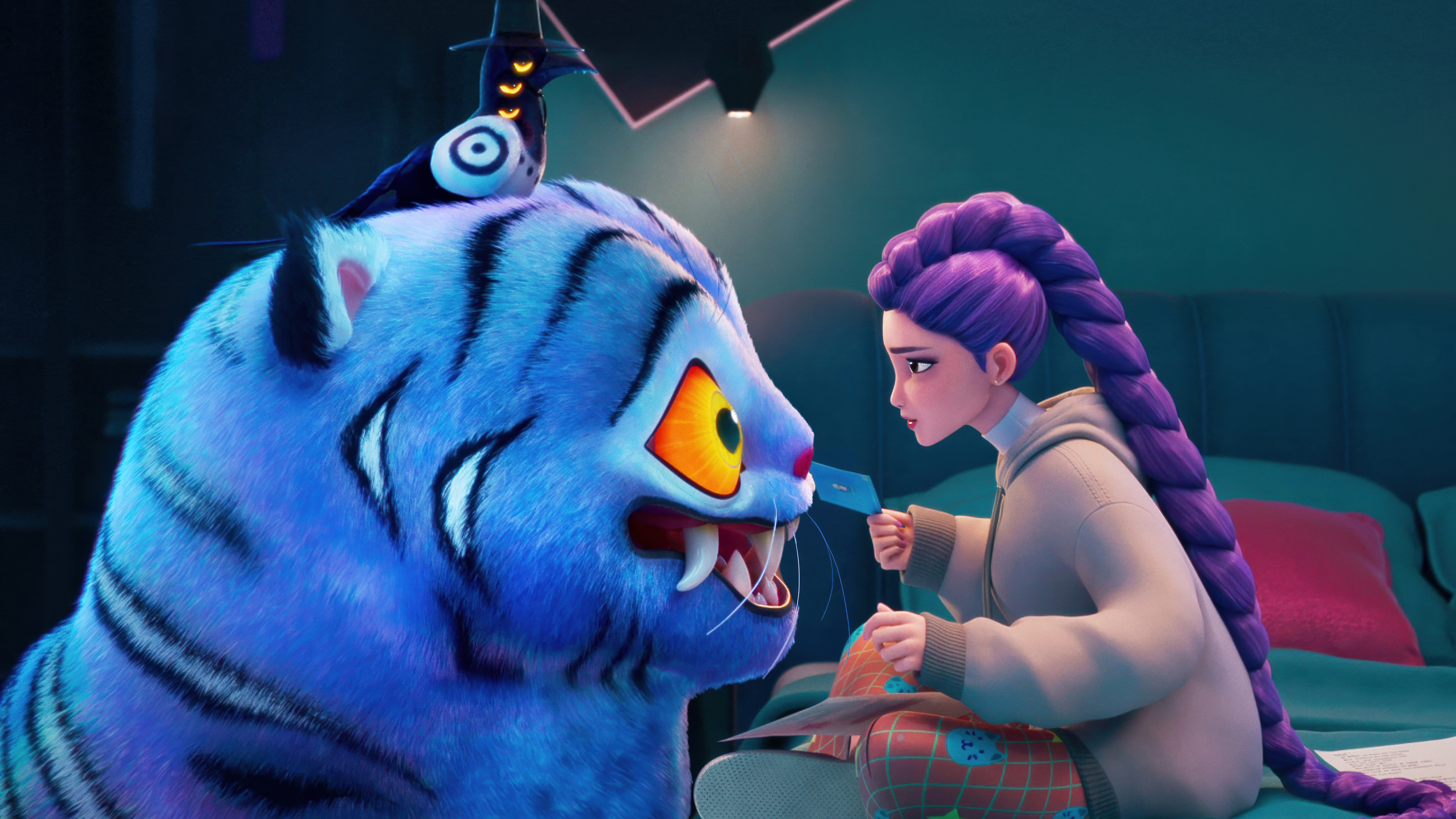 Purple-haired girl and blue tiger in K-Pop: Demon Hunters HD Wallpaper