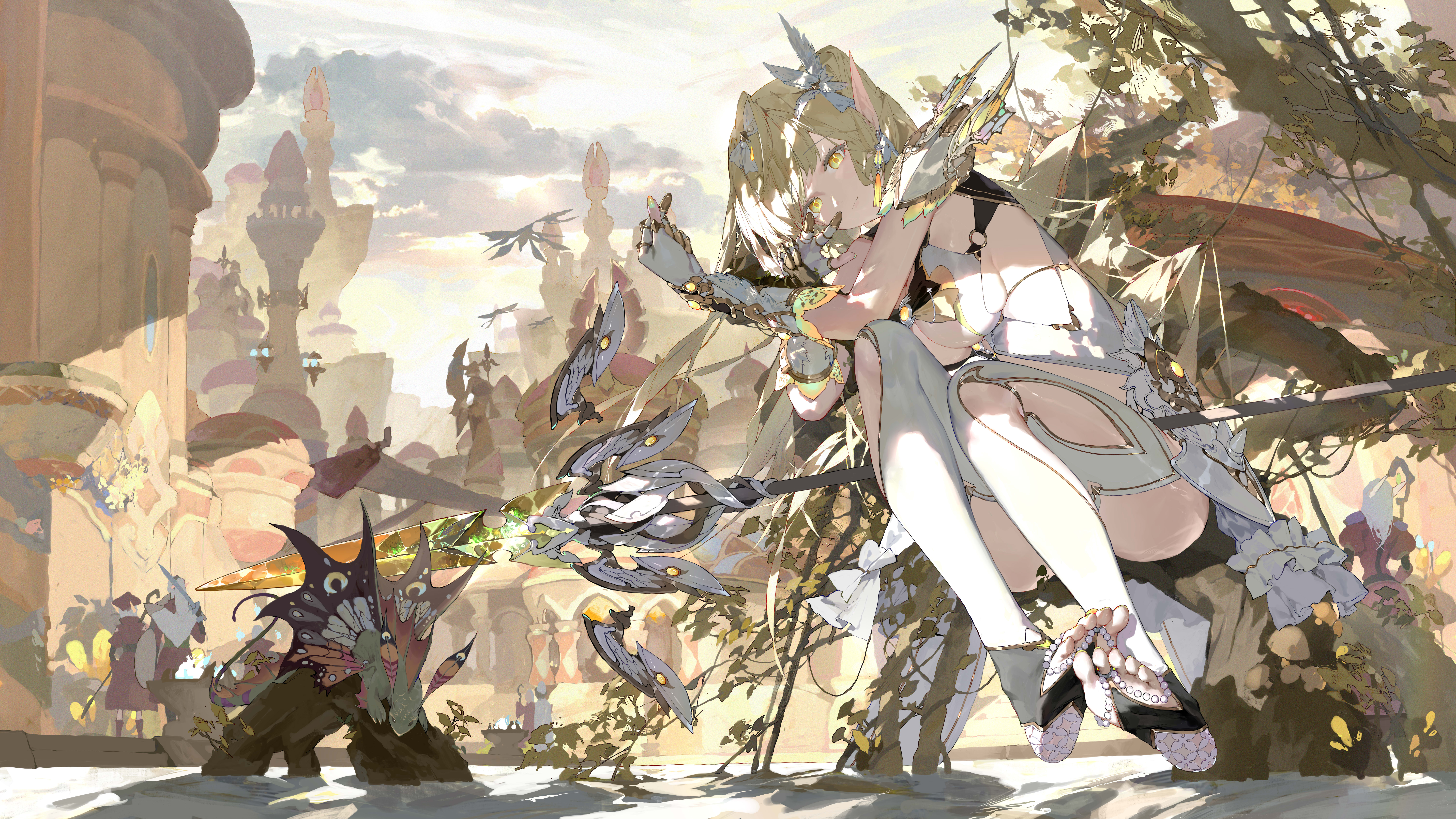 Blonde Elf Warrior with Spear in Fantasy City HD Wallpaper