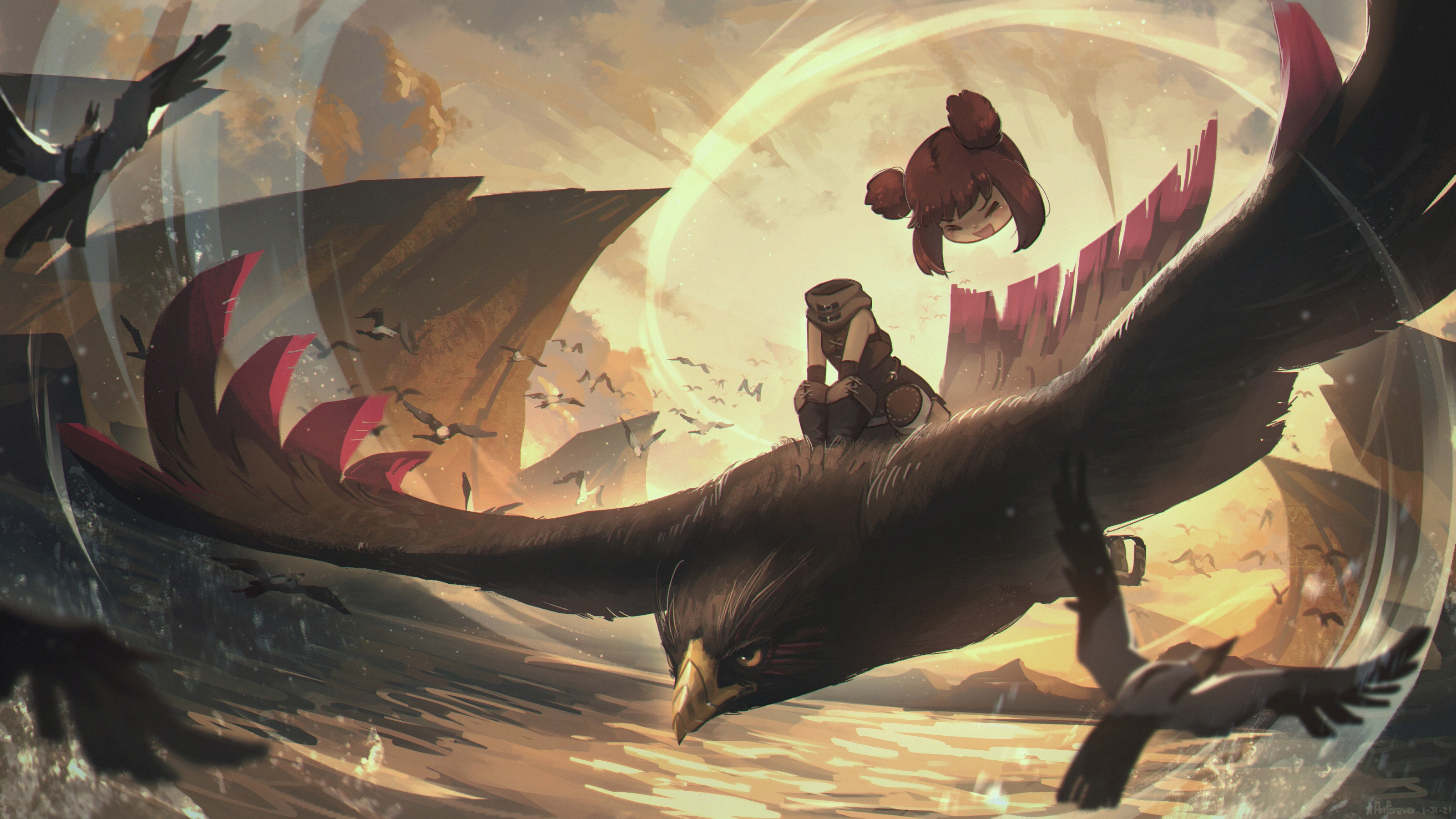 Dulla and Han riding a giant eagle by Porforever HD Wallpaper