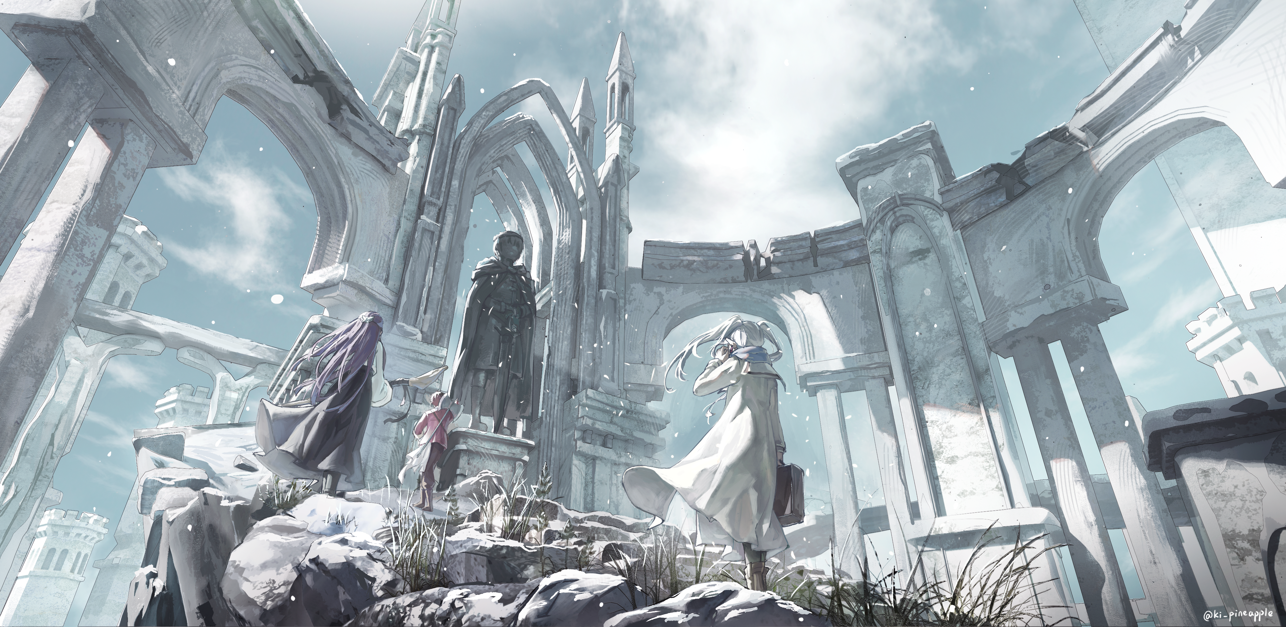 Frieren, Fern, and Stark at Himmel's Statue HD Wallpaper