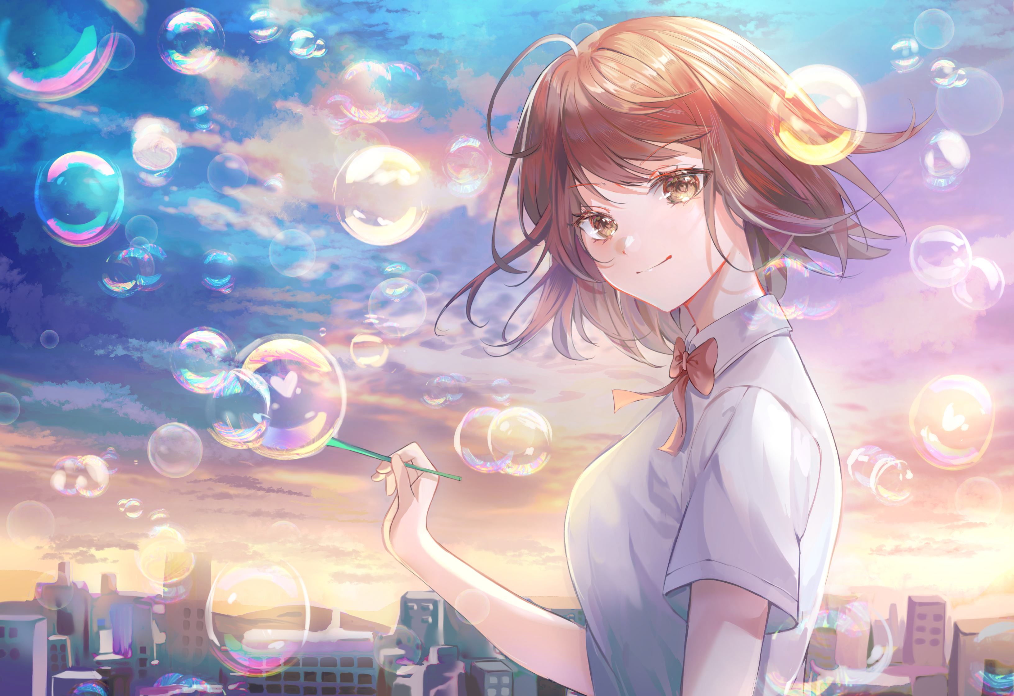 Anime Girl Blowing Soap Bubbles Over City Skyline HD Wallpaper