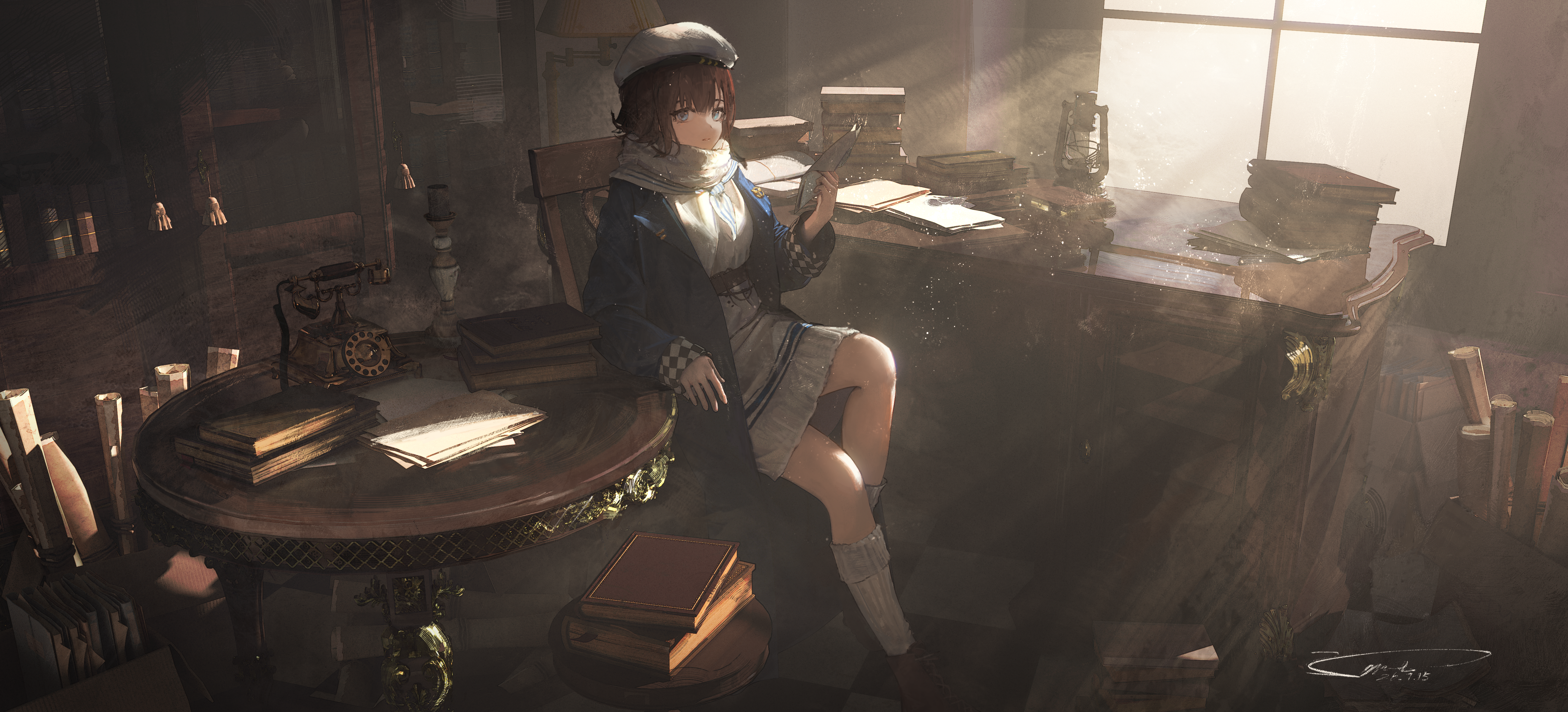 Anime Girl Sitting in a Sunlit Vintage Study HD Wallpaper