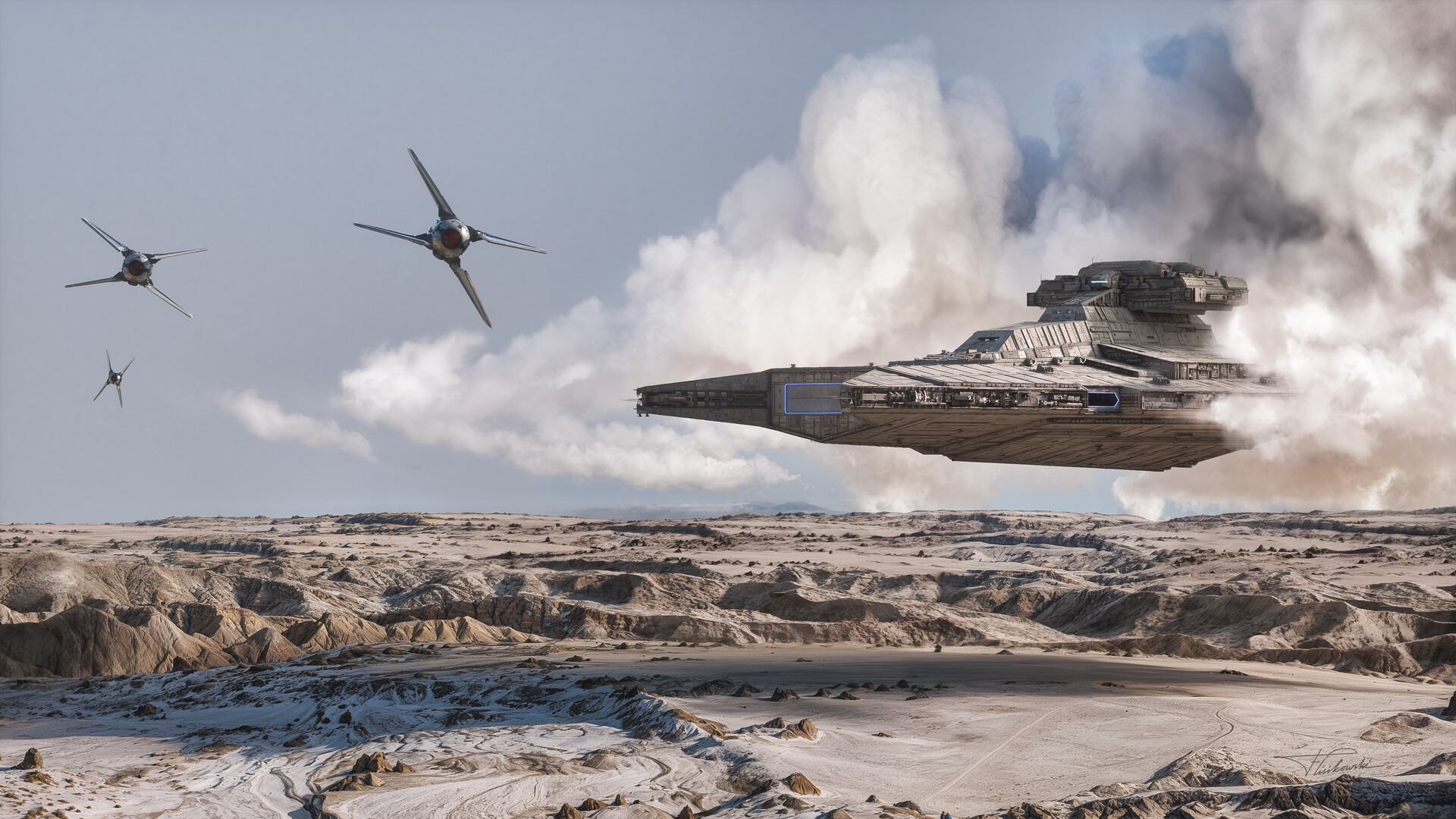 Star Wars Star Destroyer and Starfighters Over Desert HD Wallpaper