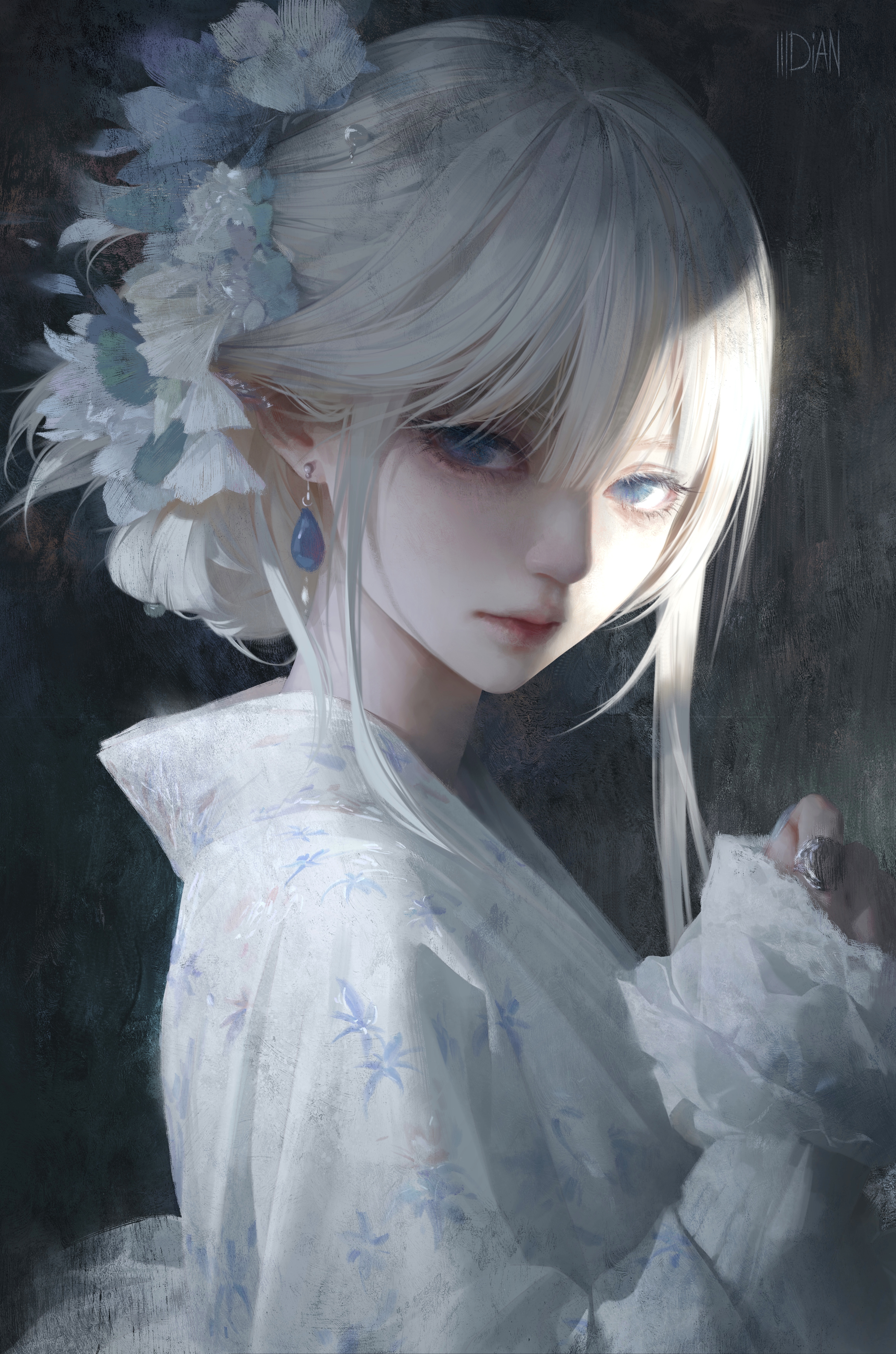 White-haired anime girl in a floral kimono HD Wallpaper