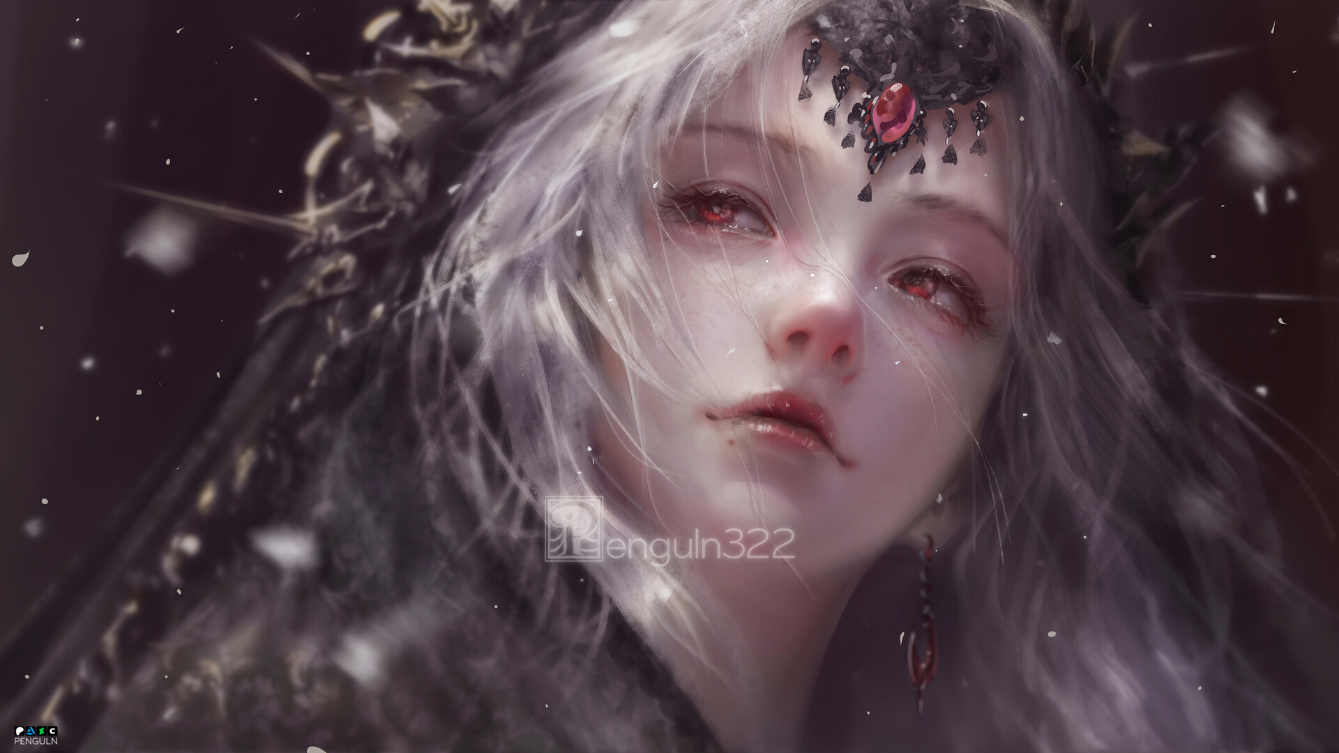 White-Haired Fantasy Girl with Red Eyes by Penguln322 HD Wallpaper