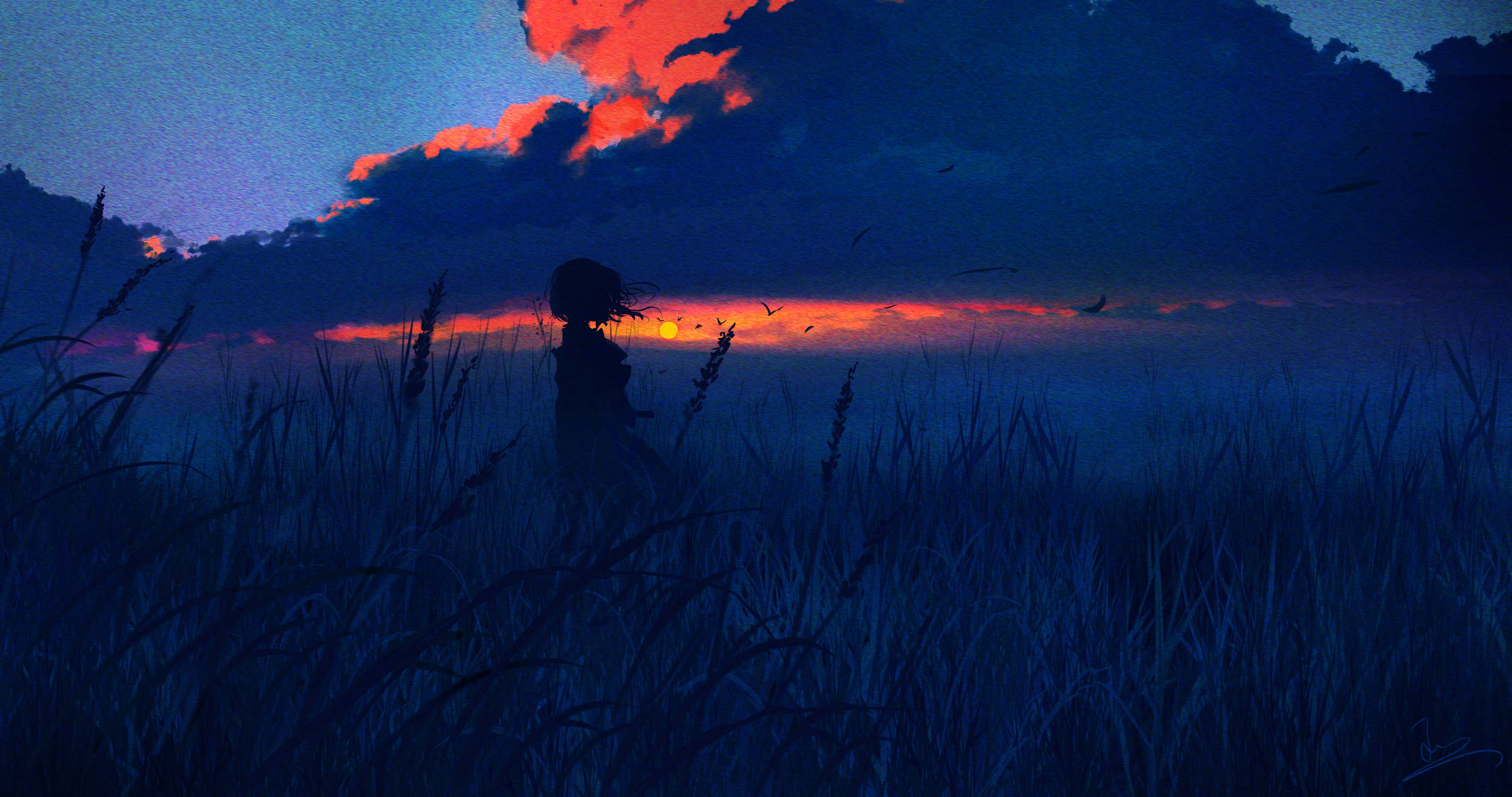 Silhouette of a girl in a grassy field at sunset HD Wallpaper