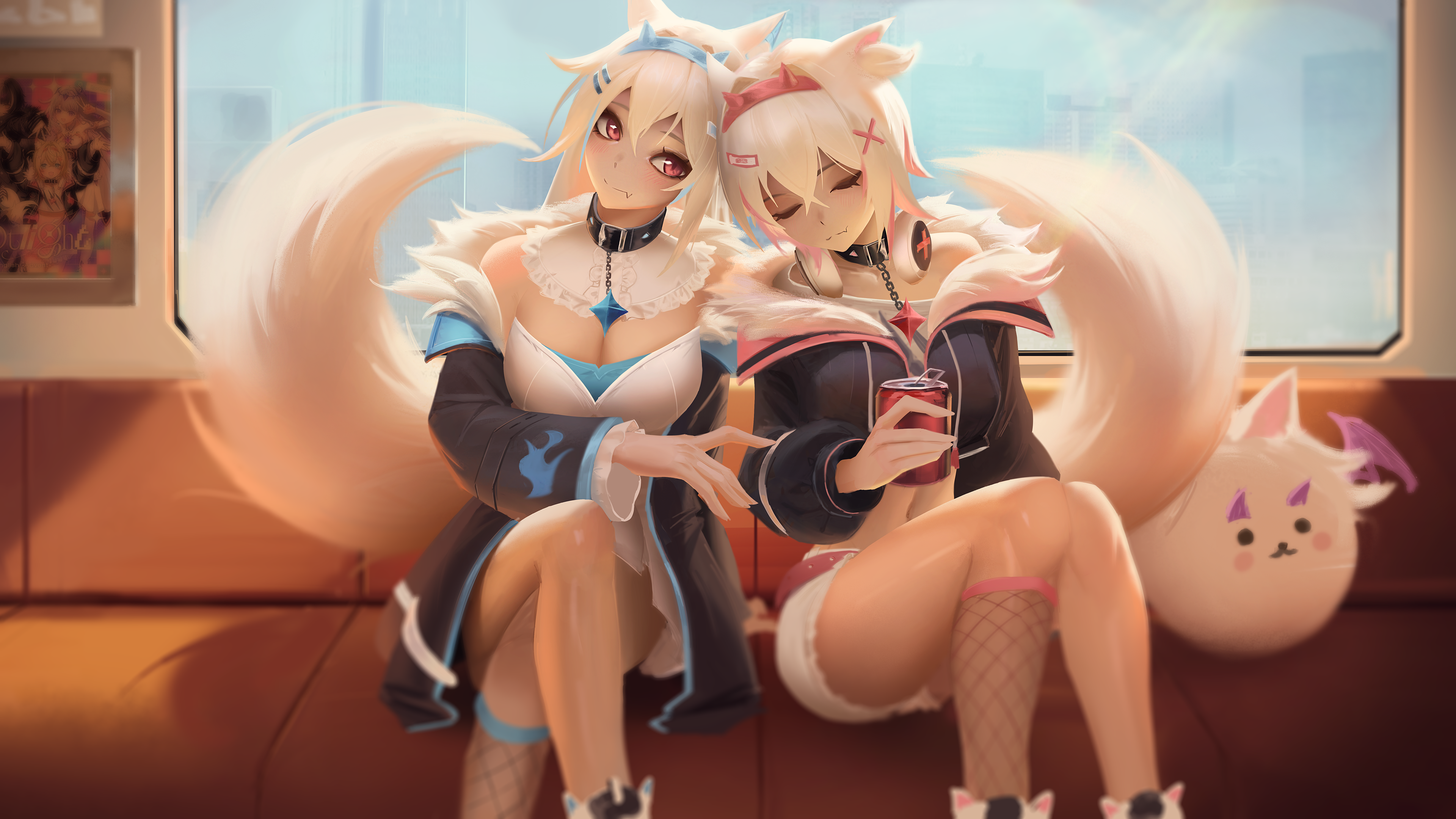 Fuwawa and Mococo Abyssgard from Hololive on a Train HD Wallpaper
