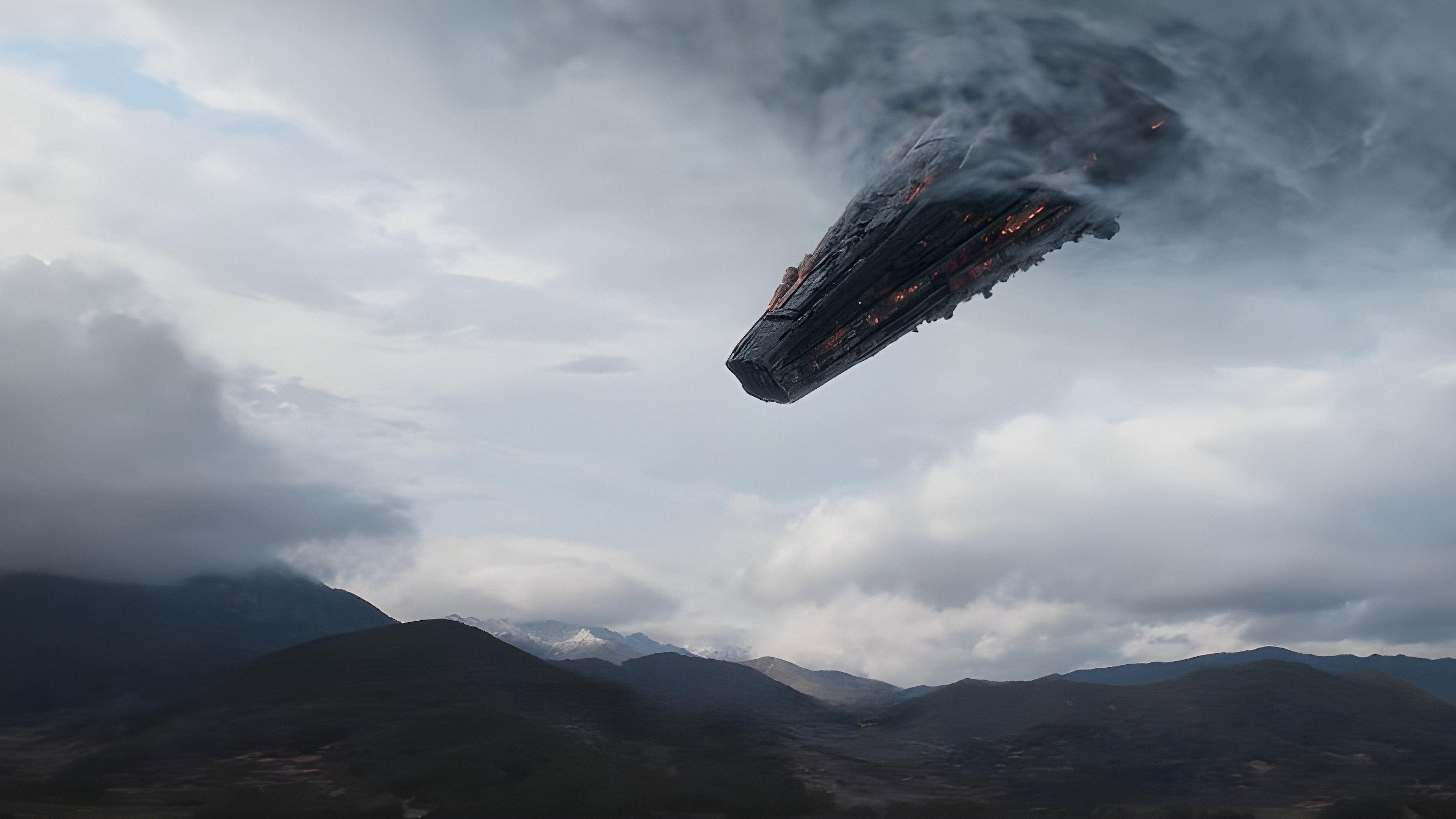 Alien spacecraft emerging from clouds in Hope HD Wallpaper