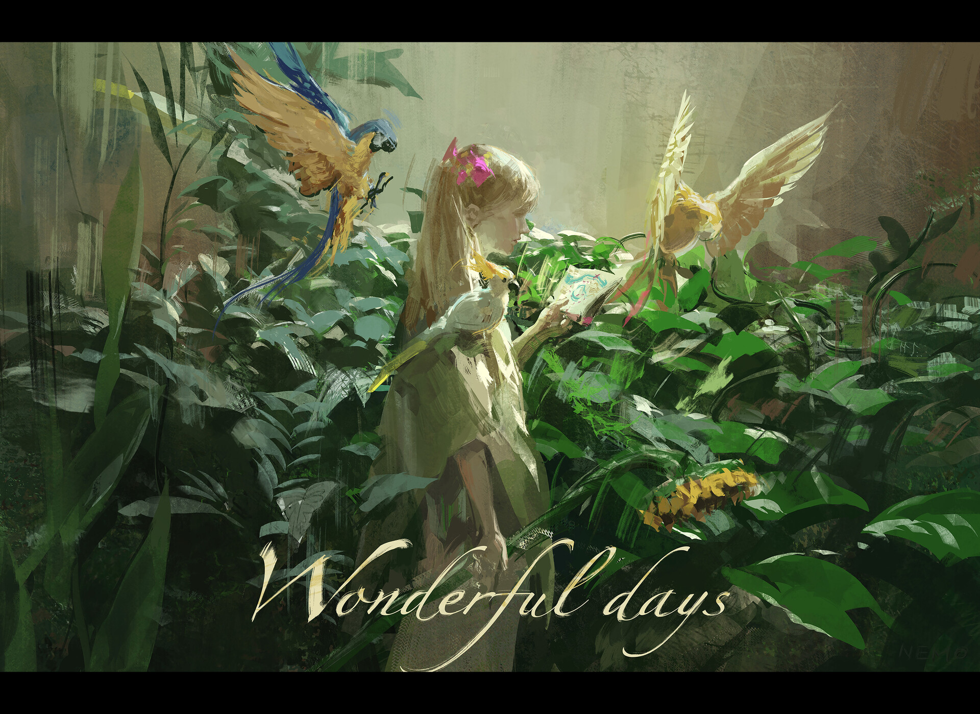 Digital painting of a girl reading among parrots HD Wallpaper