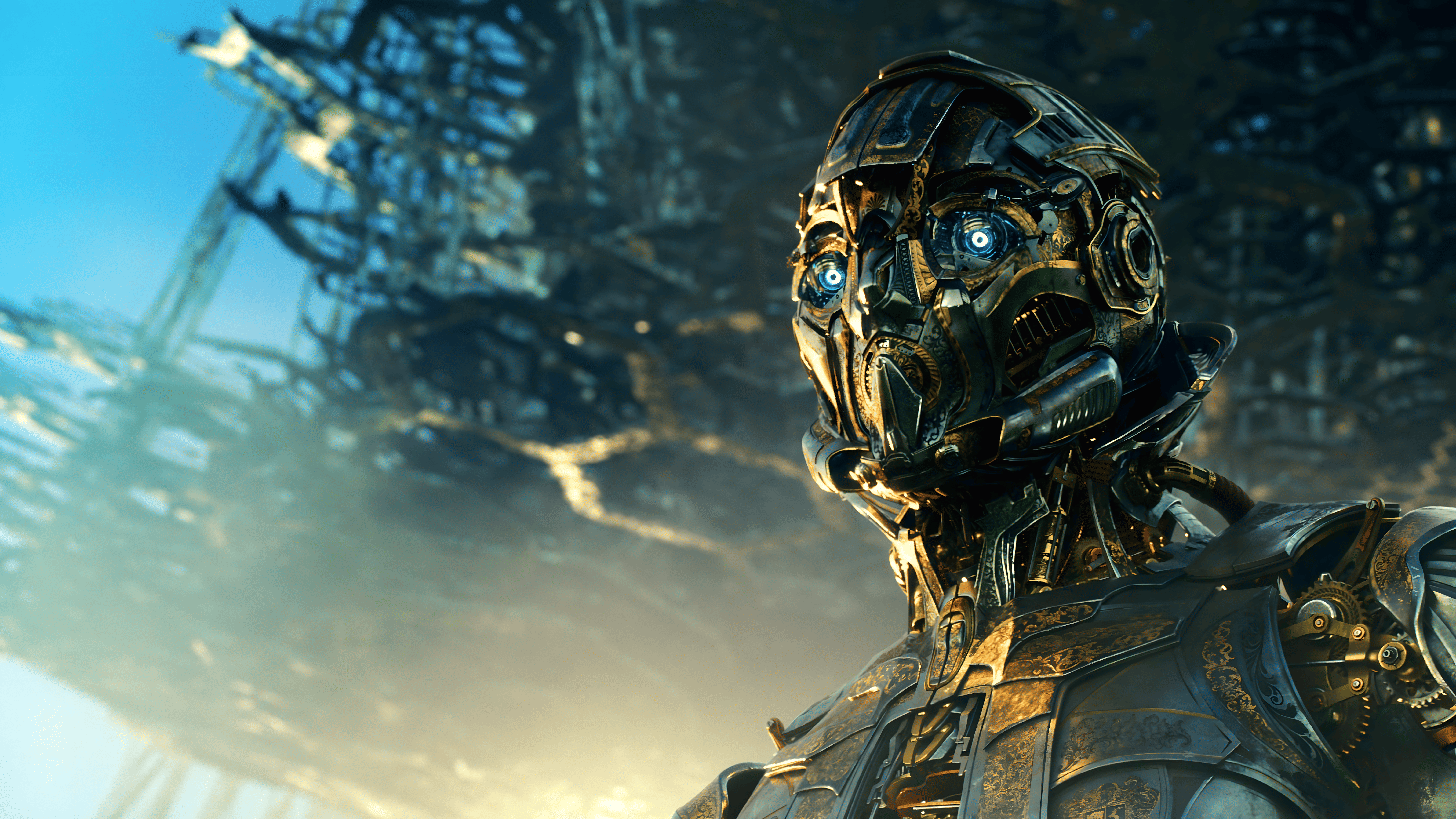 Ornate Golden Sci-Fi Robot with Glowing Blue Eyes HD Wallpaper