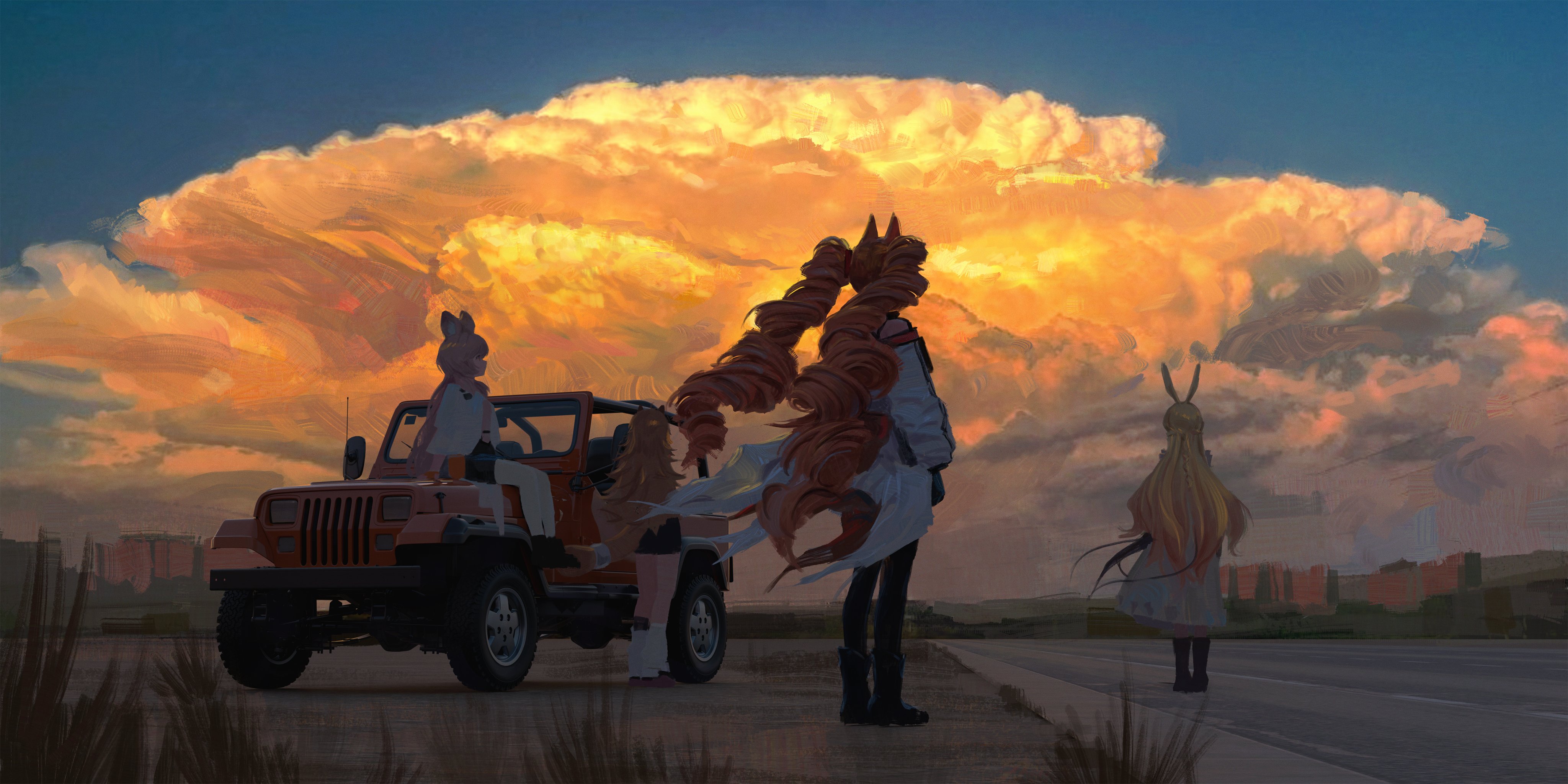 Arknights Characters with Jeep under Sunset Clouds HD Wallpaper
