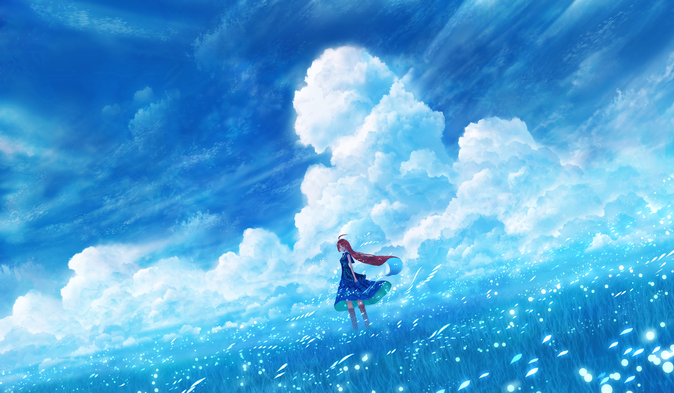Anime girl with red hair in a blue field HD Wallpaper