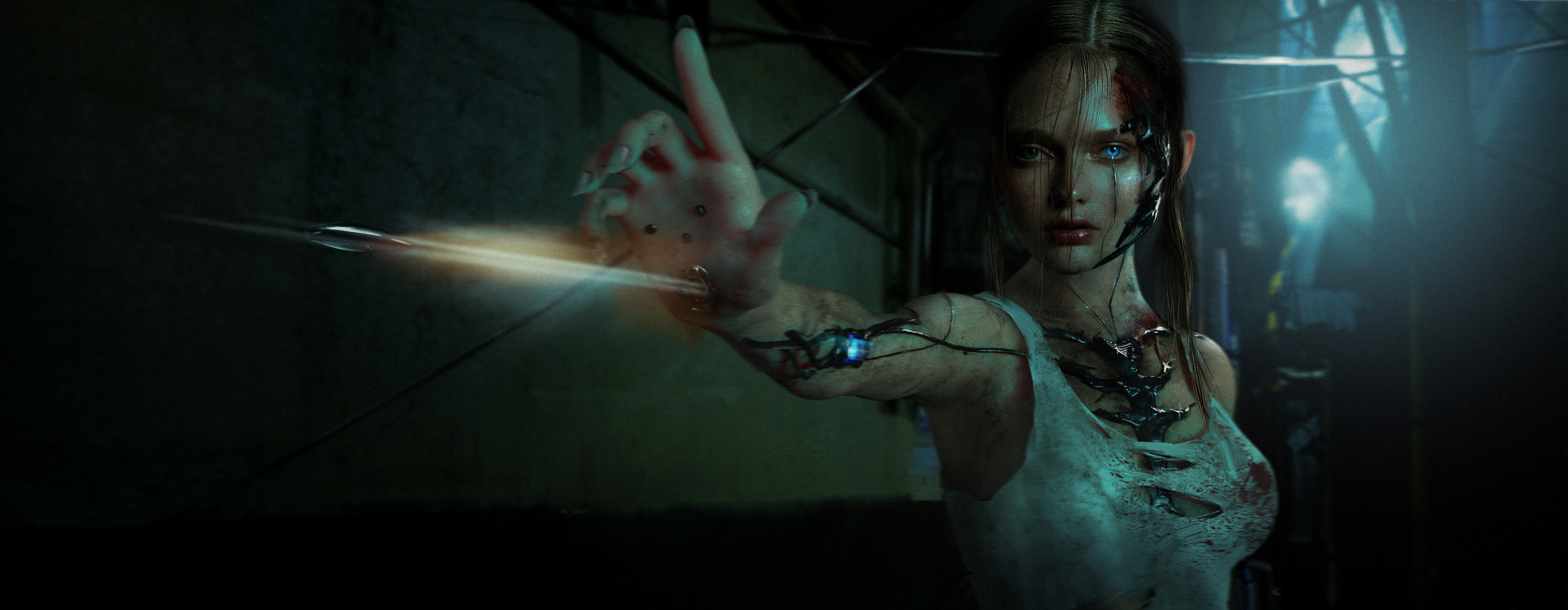Cybernetic Woman Firing a Projectile from Her Hand HD Wallpaper