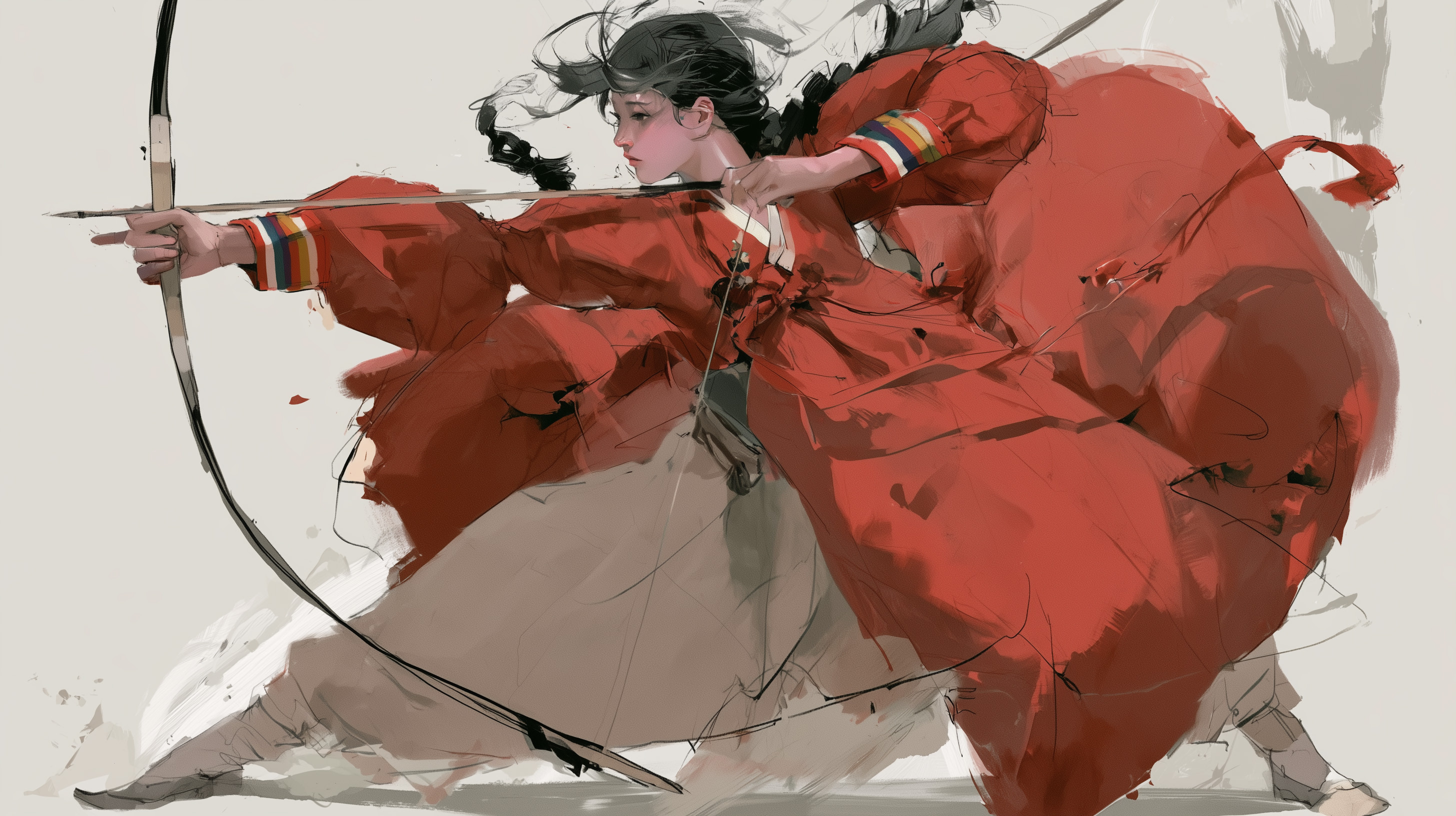 Female Archer in Red Hanbok Drawing a Bow HD Wallpaper