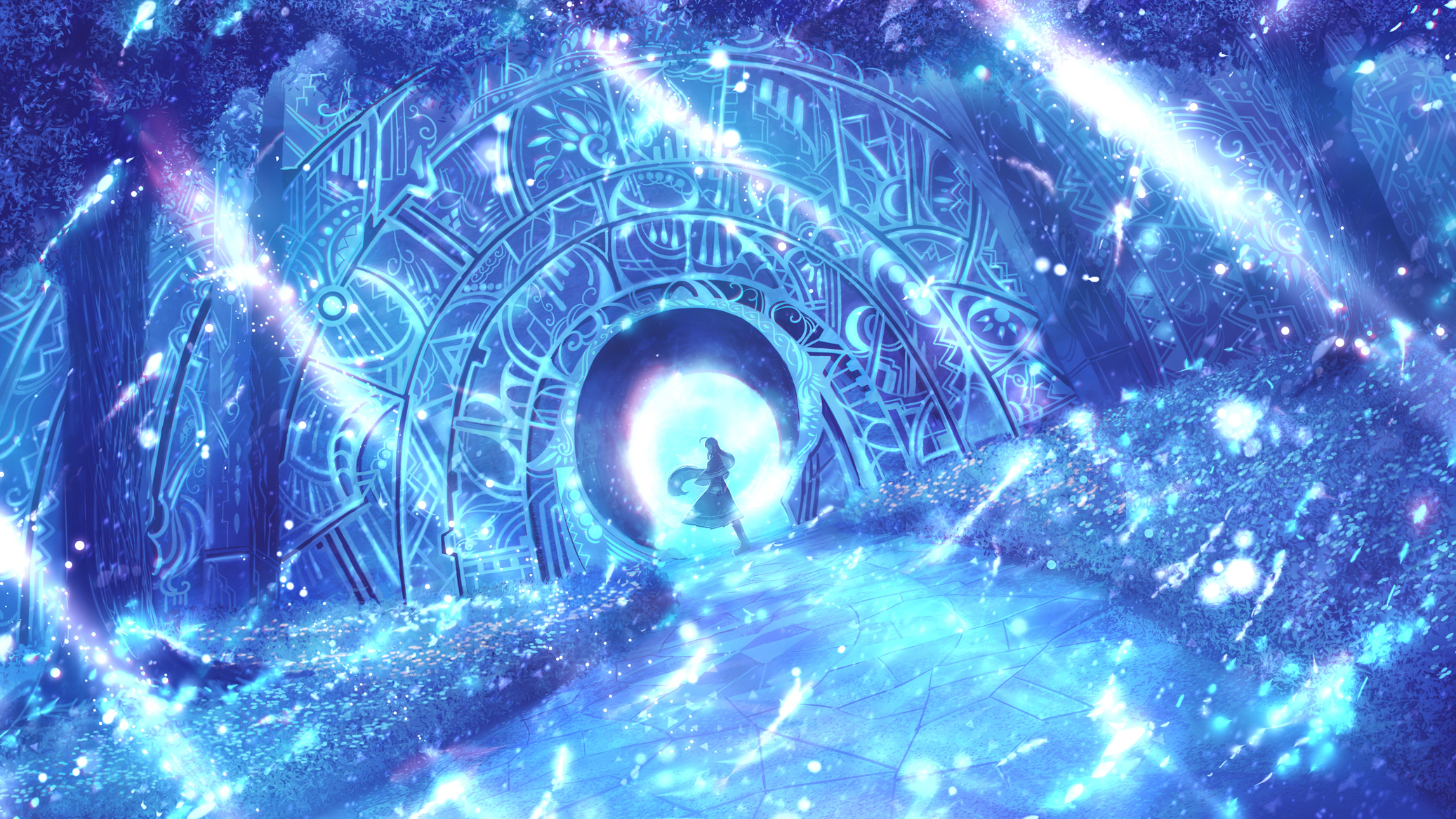 Anime Girl Standing Before a Glowing Blue Portal HD Wallpaper