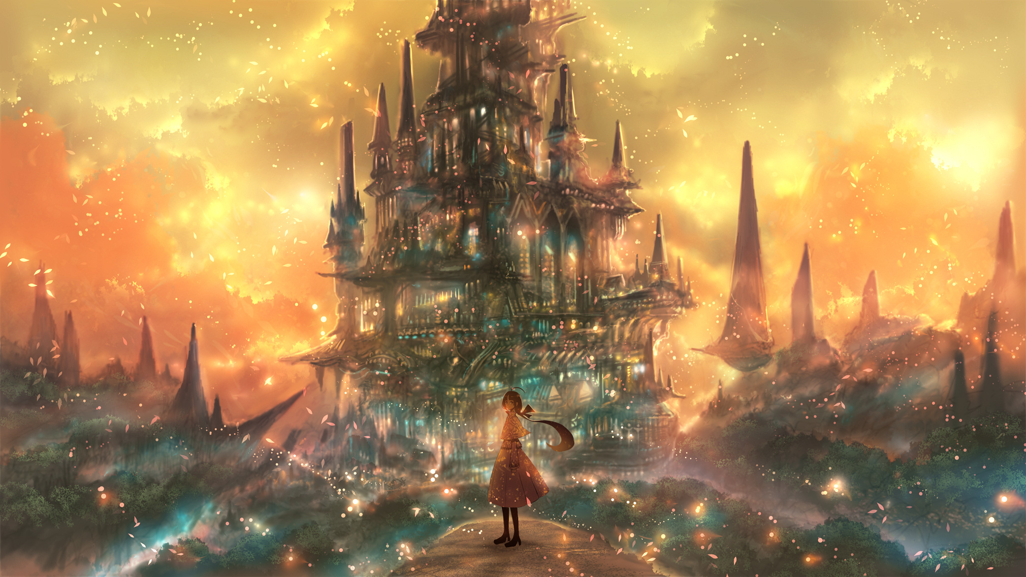Anime girl looking at a massive glowing fantasy castle HD Wallpaper