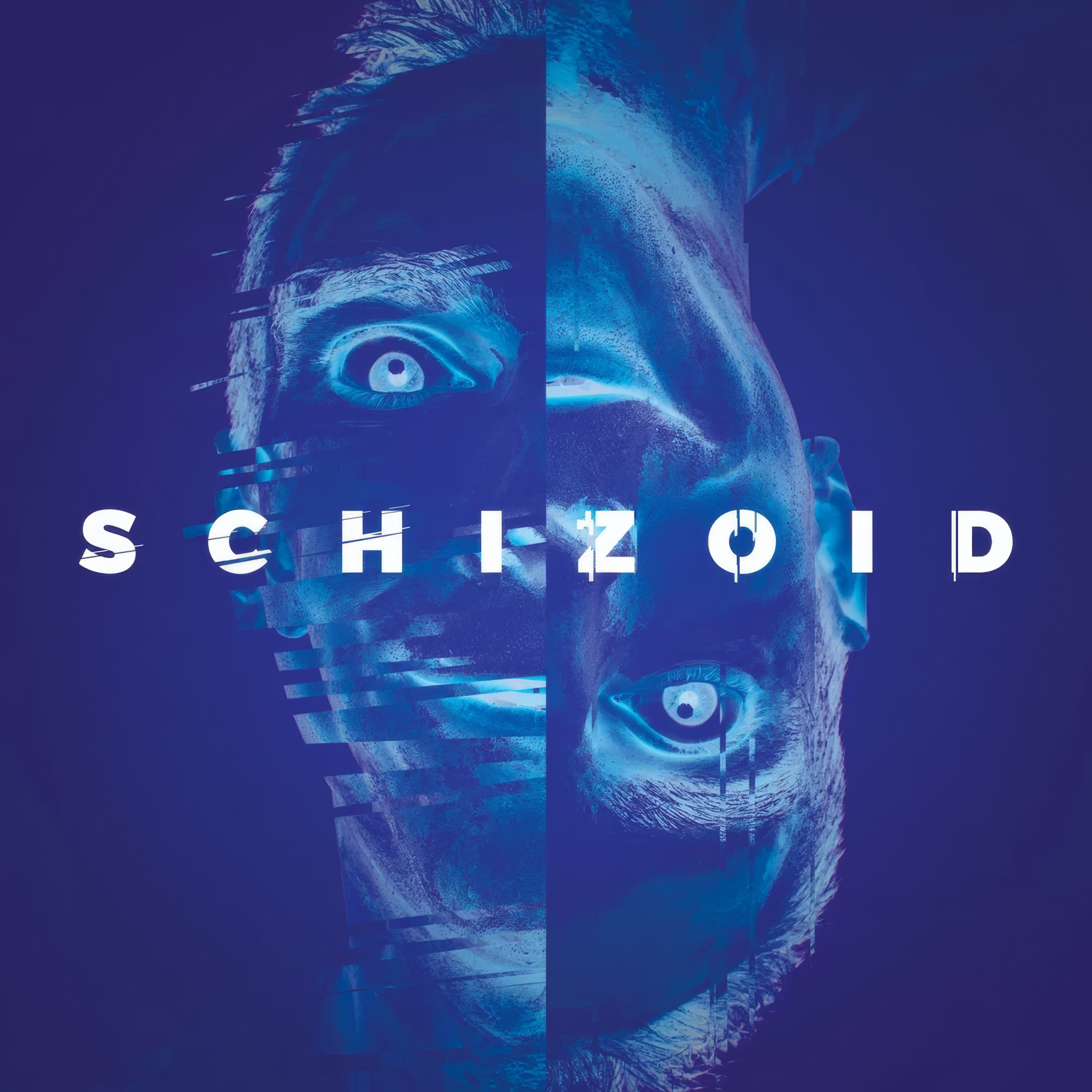 Glitched split face artwork with Schizoid text HD Wallpaper