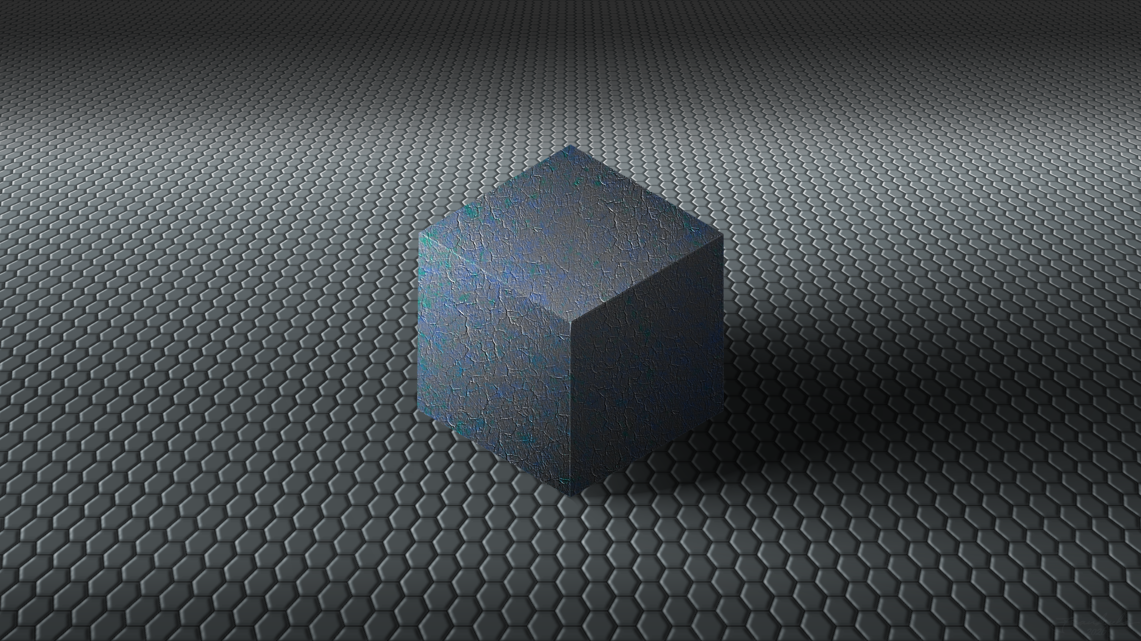 Textured 3D Cube on Hexagonal Grid Surface HD Wallpaper