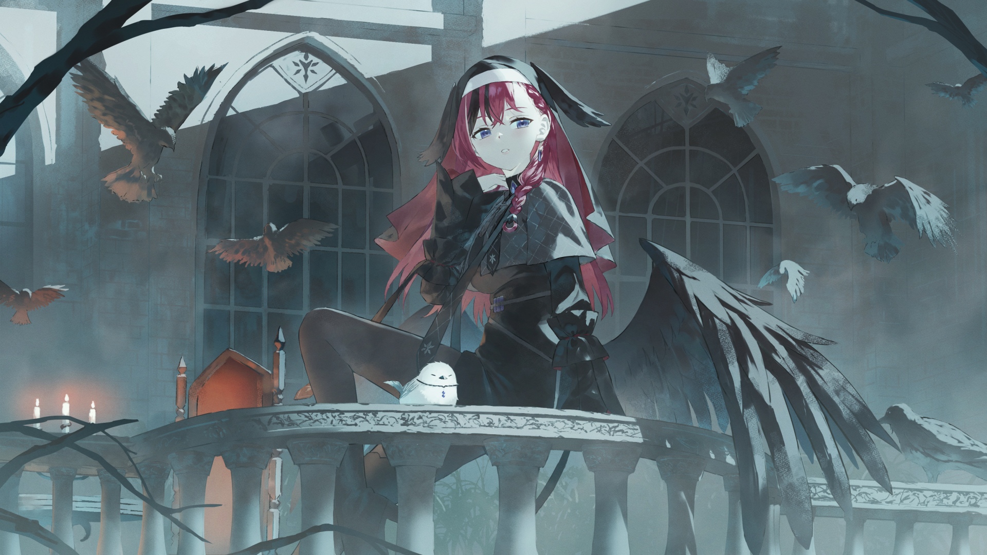 Anime Nun with Black Wings on Balcony HD Wallpaper