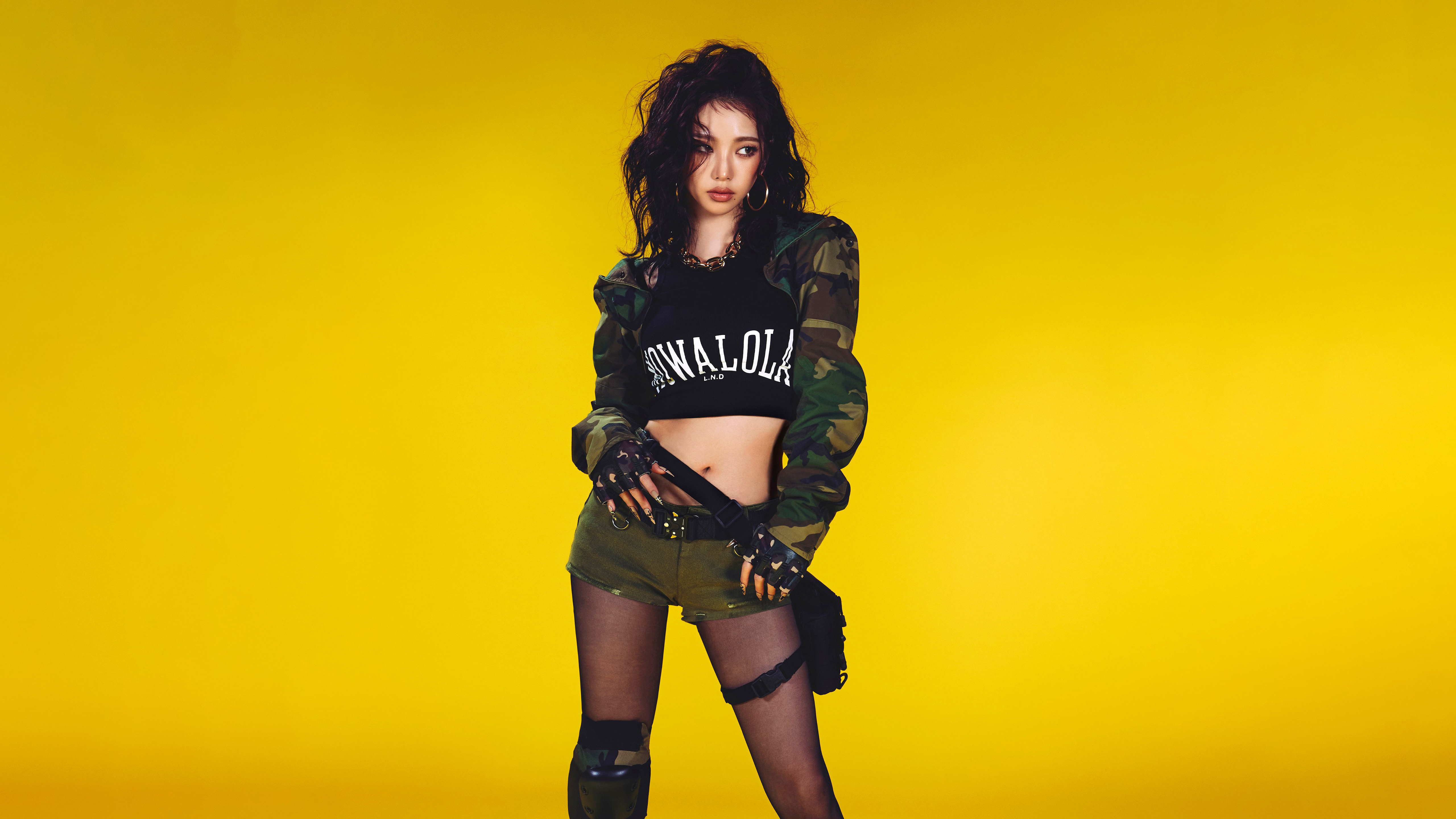 Karina of aespa in Camouflage Outfit on Yellow Background HD Wallpaper
