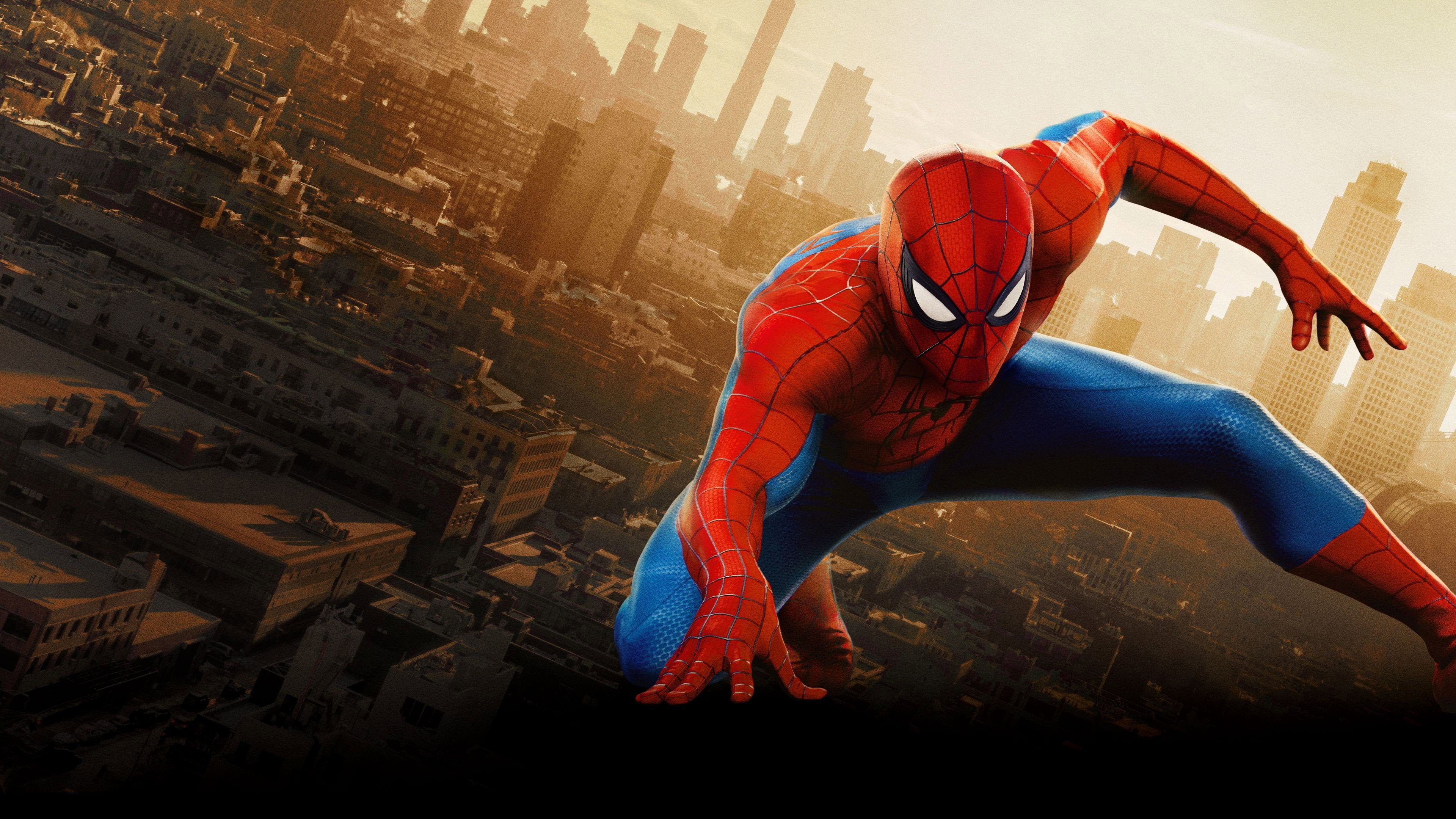 Spider-Man crouching over the city skyline HD Wallpaper