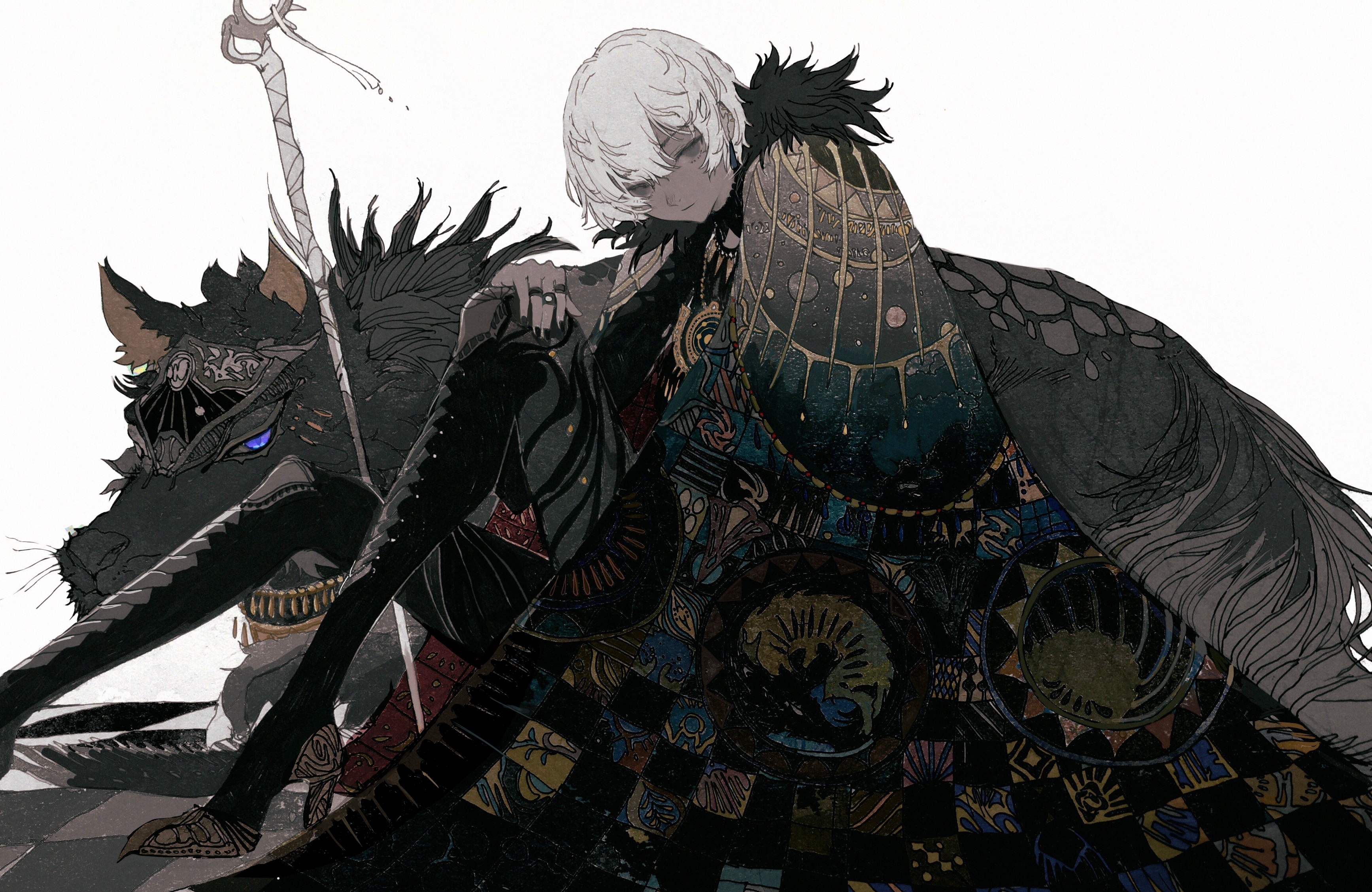 White-Haired Anime Character with a Giant Black Wolf HD Wallpaper
