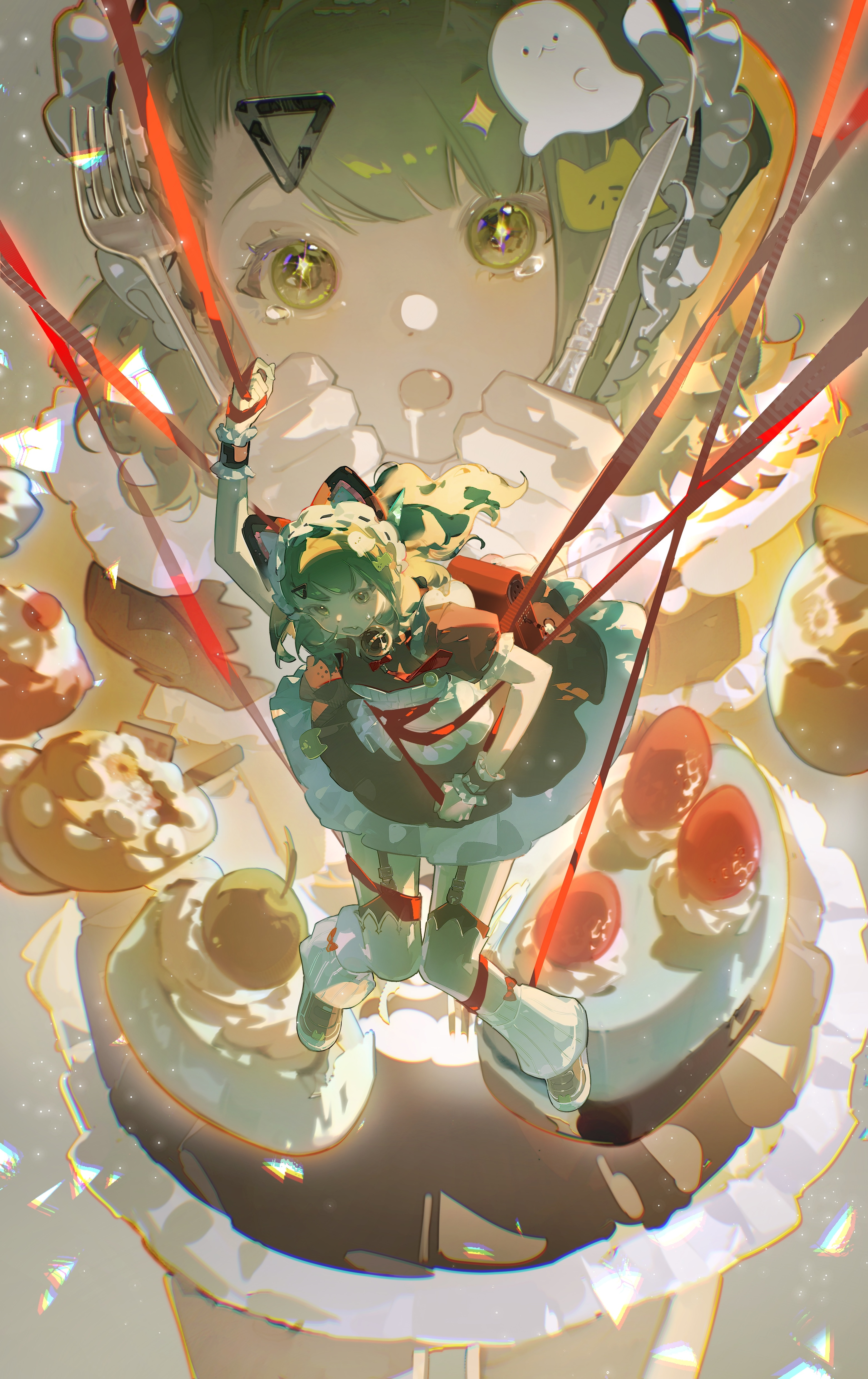 Anime Girl Suspended by Red Strings Over Cakes HD Wallpaper