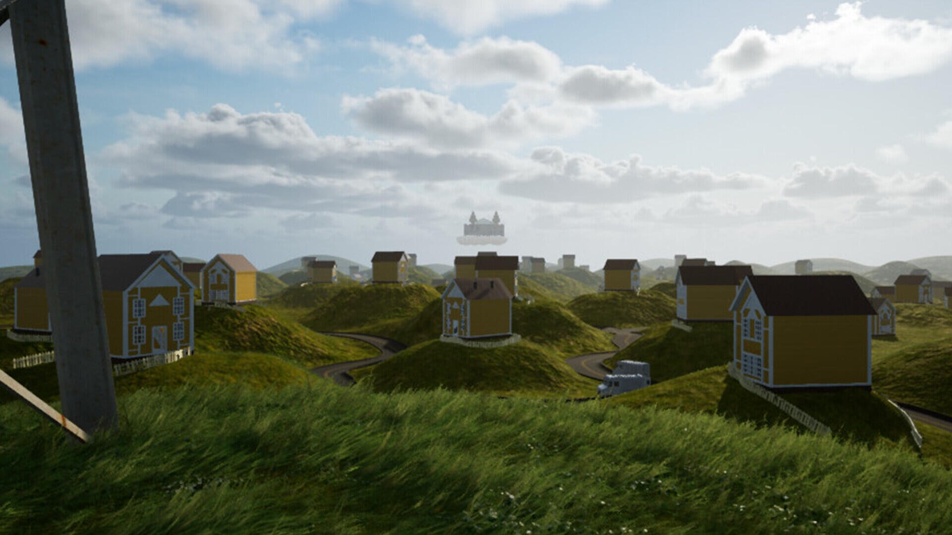 Dreamcore Landscape with Yellow Houses on Grassy Hills HD Wallpaper