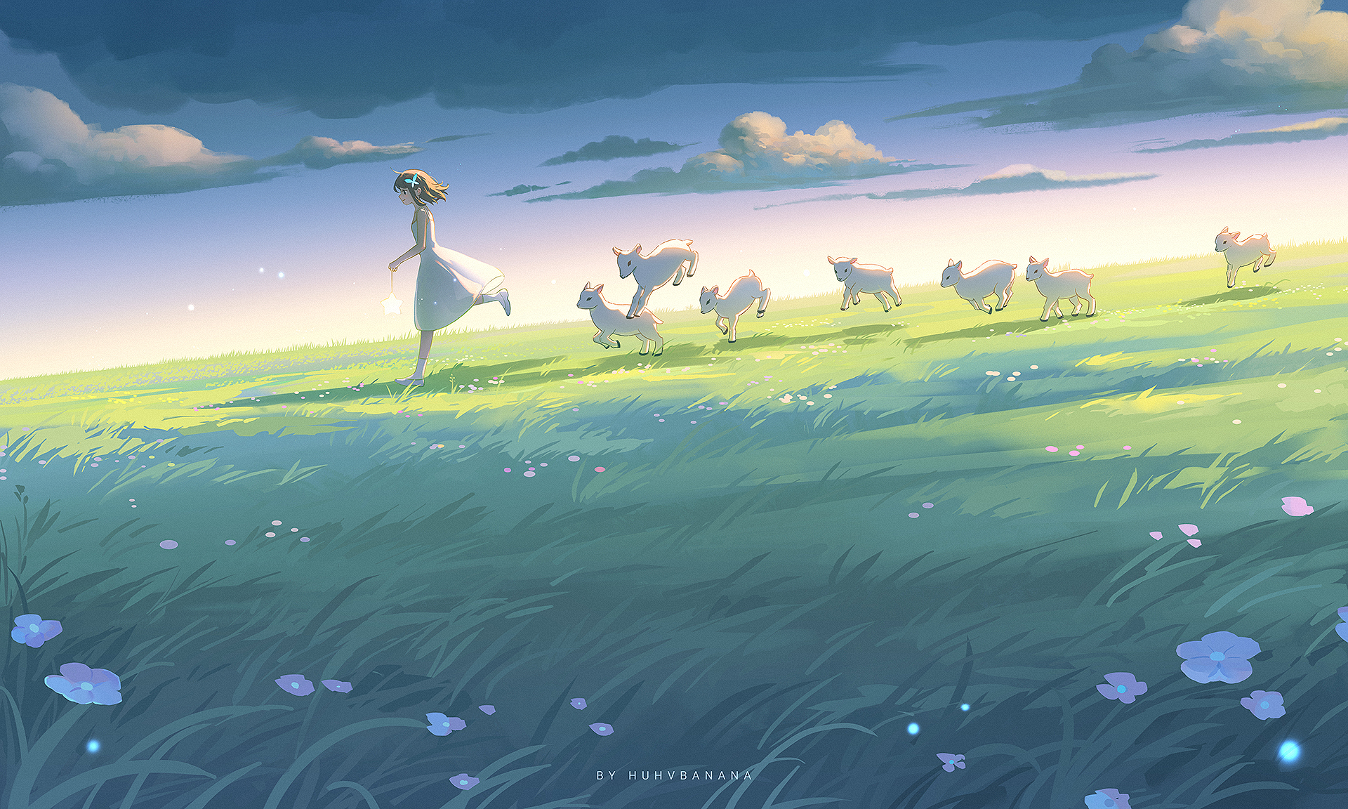 Anime girl running with lambs on a grassy hill HD Wallpaper