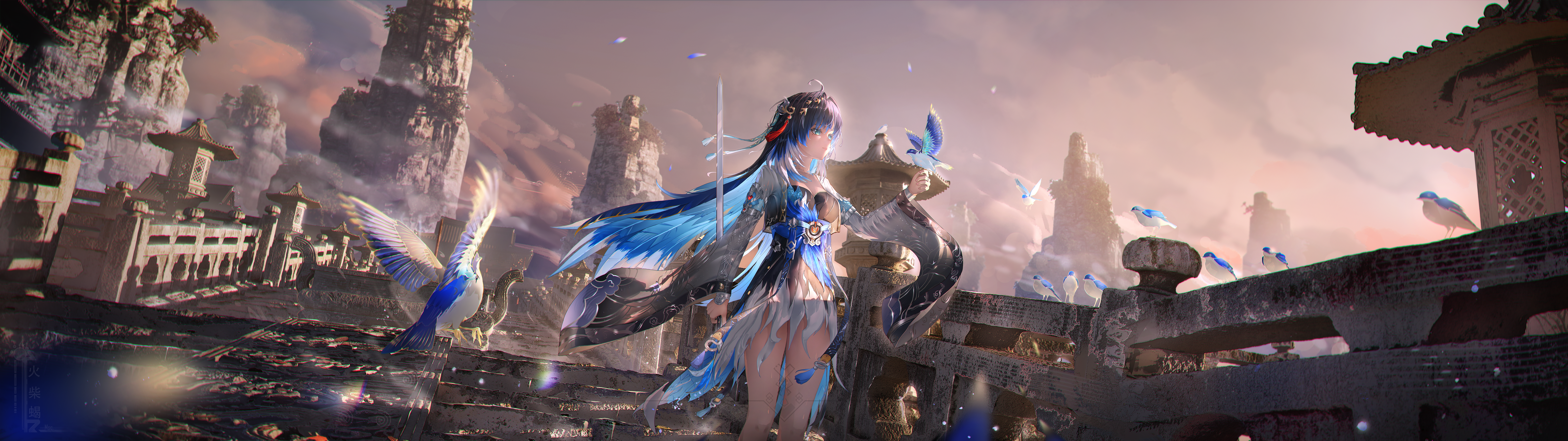 Anime girl with blue hair and sword holding a bird HD Wallpaper