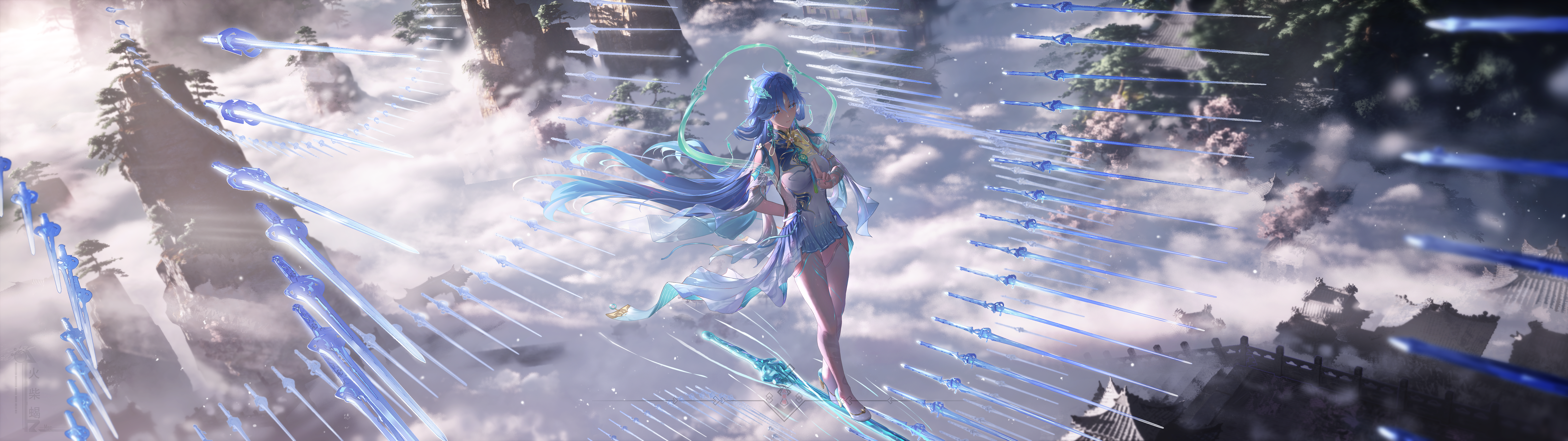 Xianxia Anime Girl Controlling Blue Sword Array HD Wallpaper