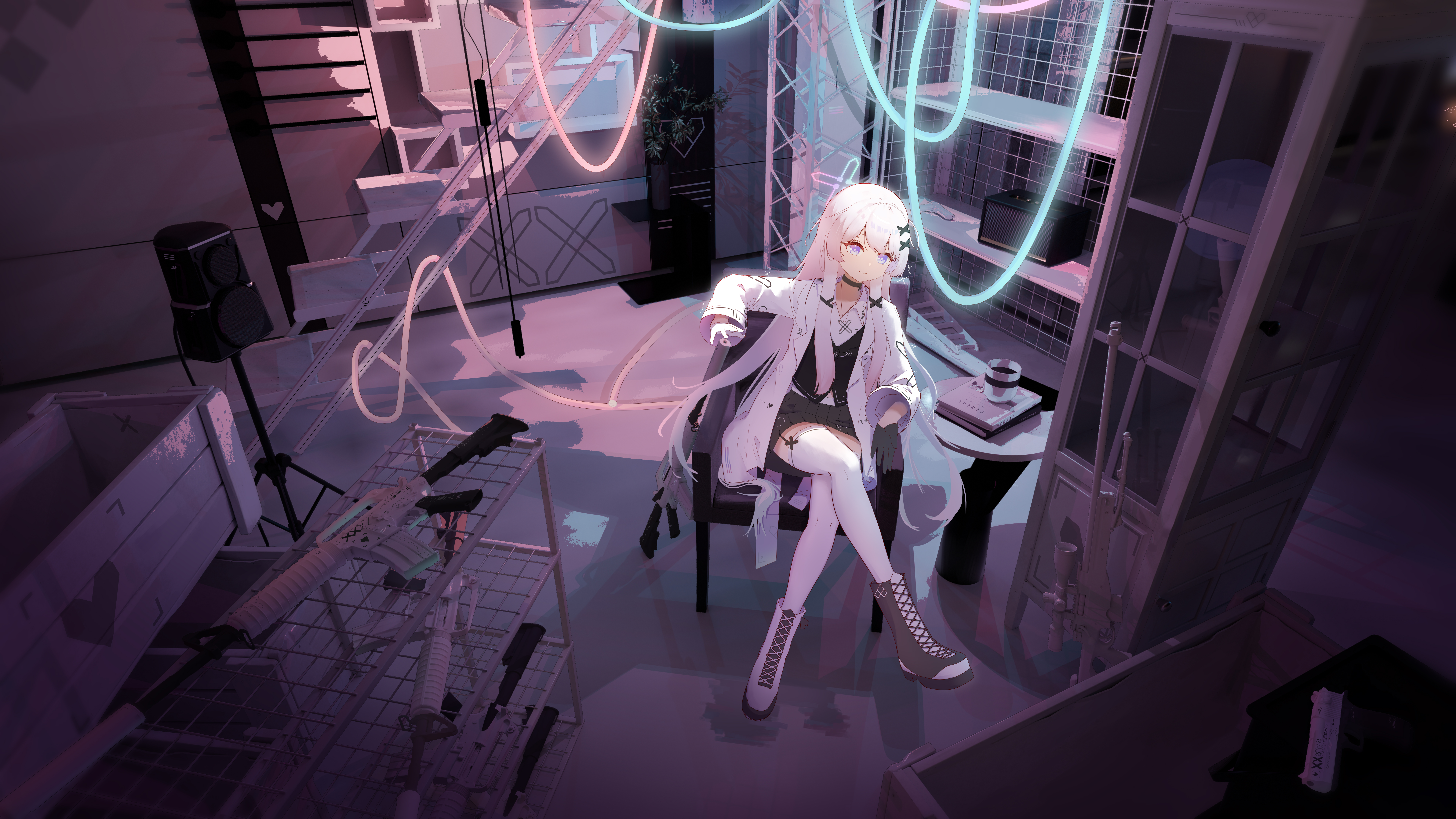 QBU-191 from Girls' Frontline in a Neon Room HD Wallpaper