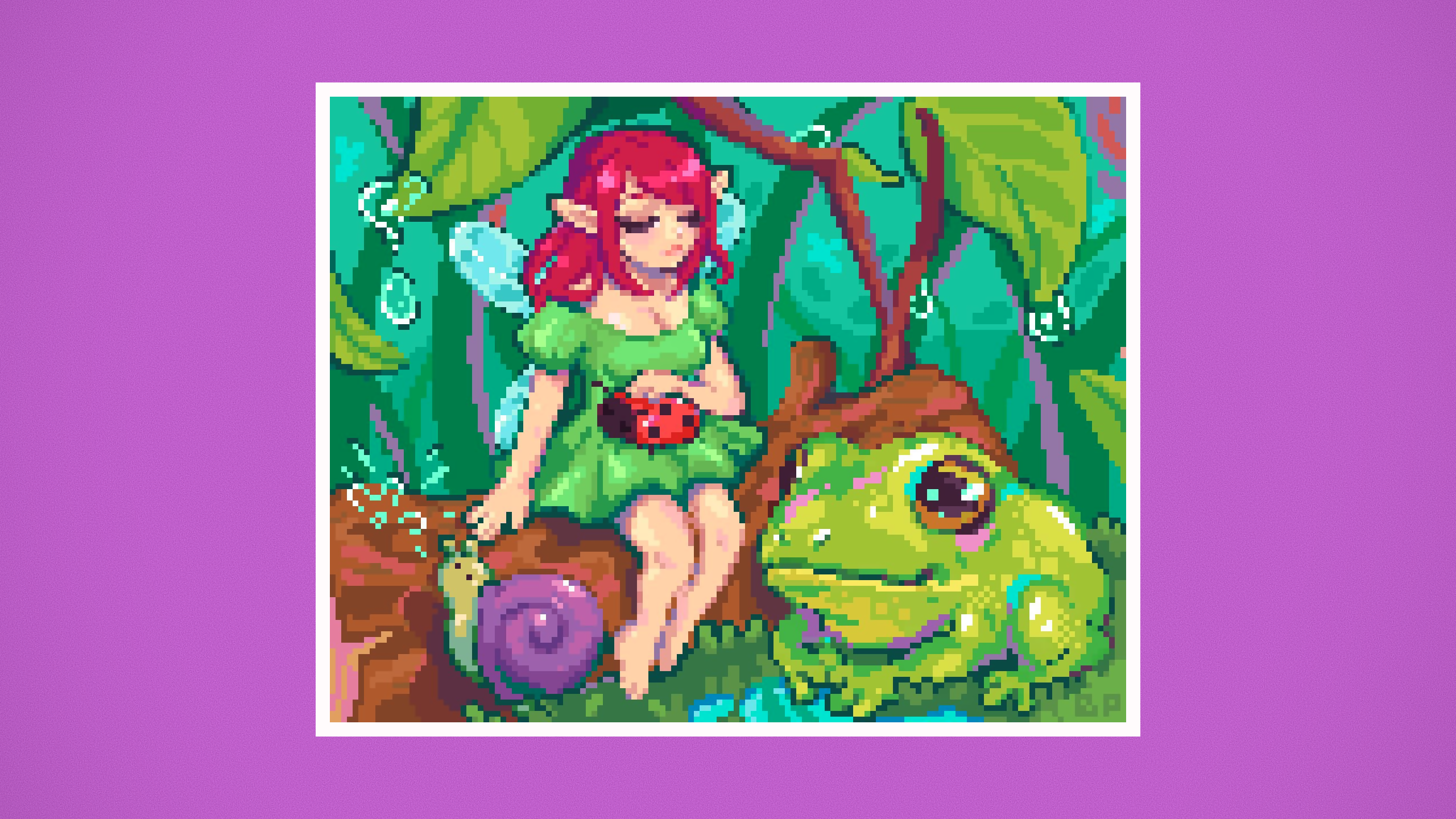 Pixel Art Fairy with Frog and Snail on Log HD Wallpaper