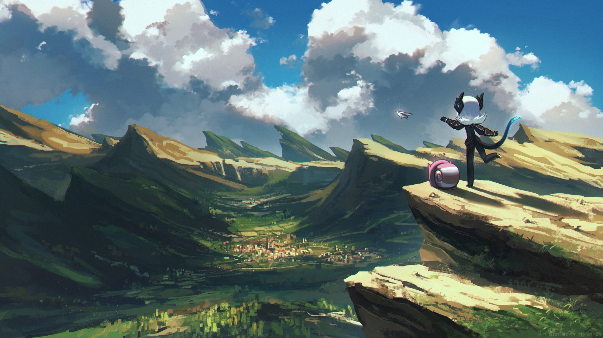 Porforever Original Character Throwing Paper Airplane Over Valley HD Wallpaper