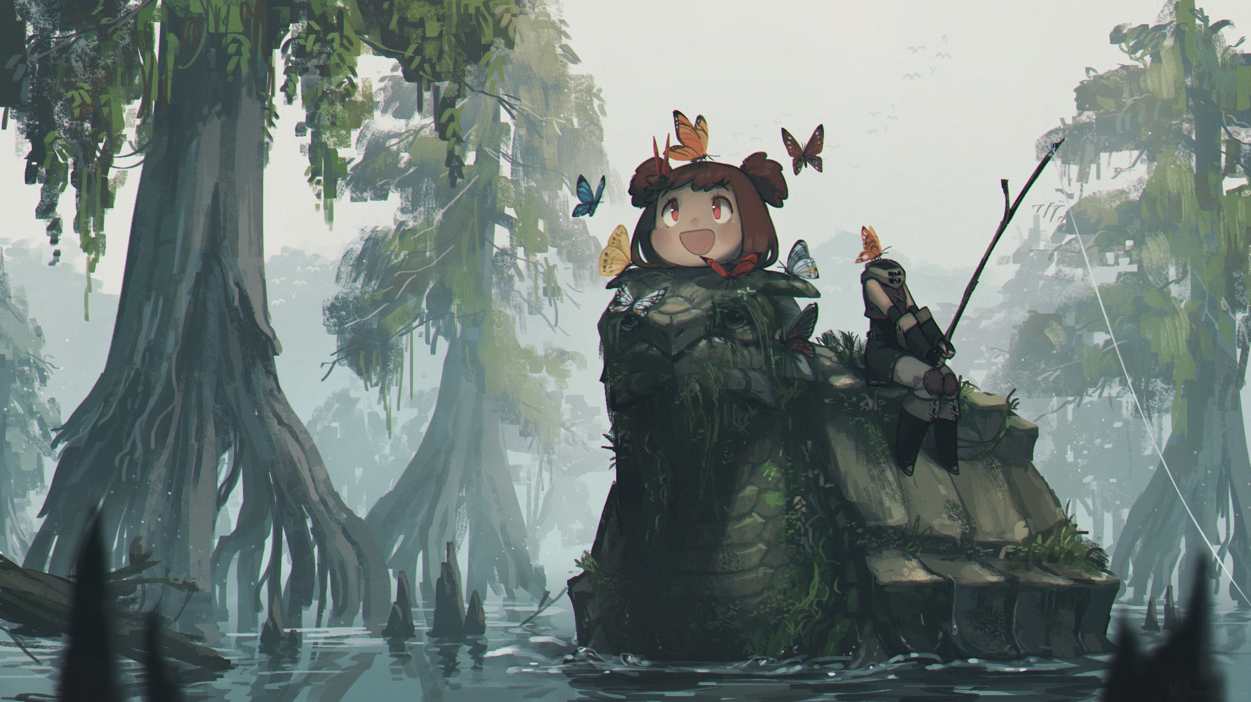 Anime Girl and Fisherman on Giant Swamp Creature HD Wallpaper