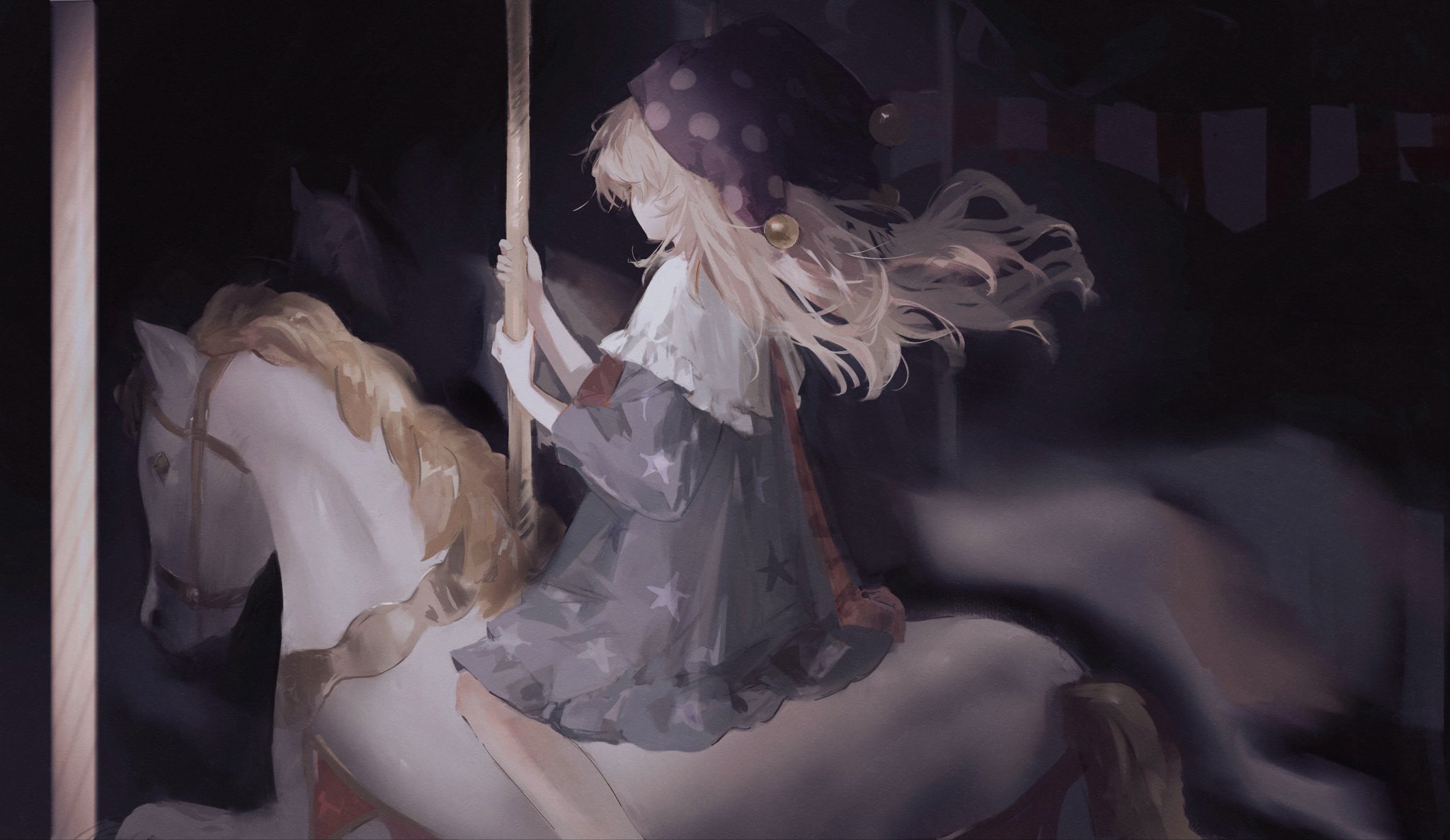 Clownpiece from Touhou Project riding a carousel horse HD Wallpaper