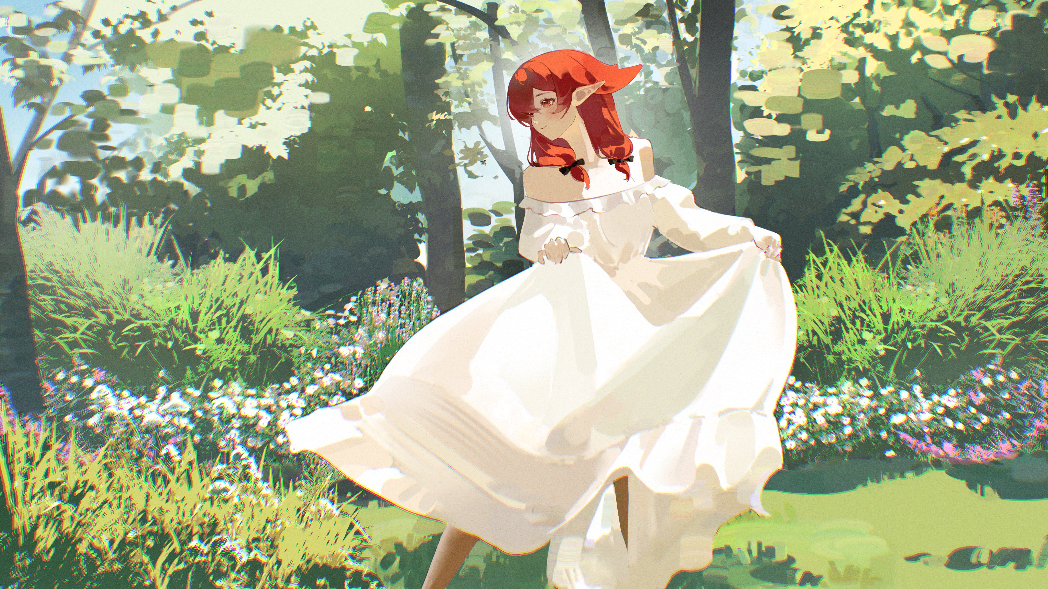 Red-haired elf girl in a white dress in a forest HD Wallpaper