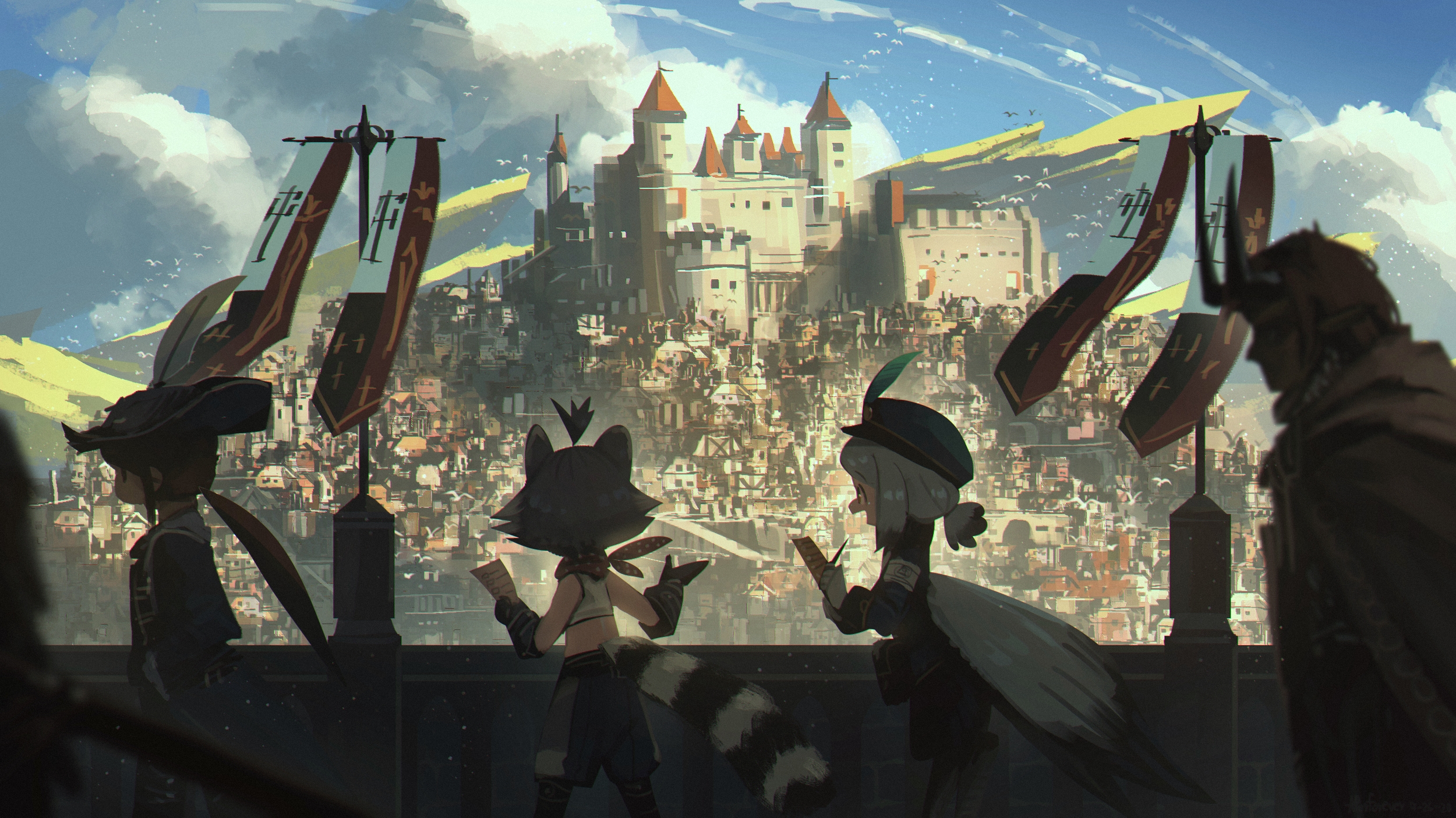 Fantasy Characters Overlooking a Castle City by Porforever HD Wallpaper