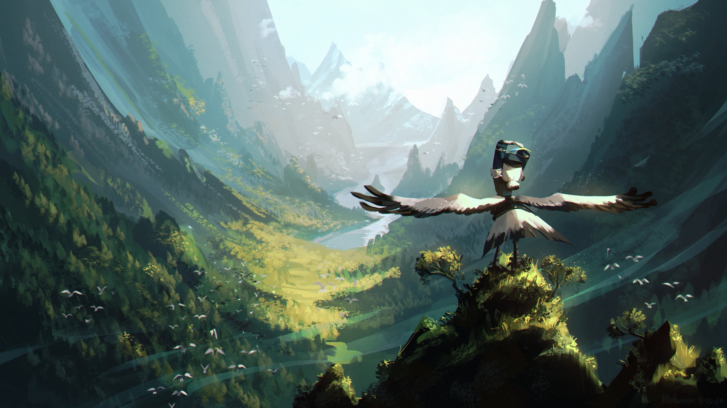 Bird adventurer overlooking a vast mountain valley HD Wallpaper