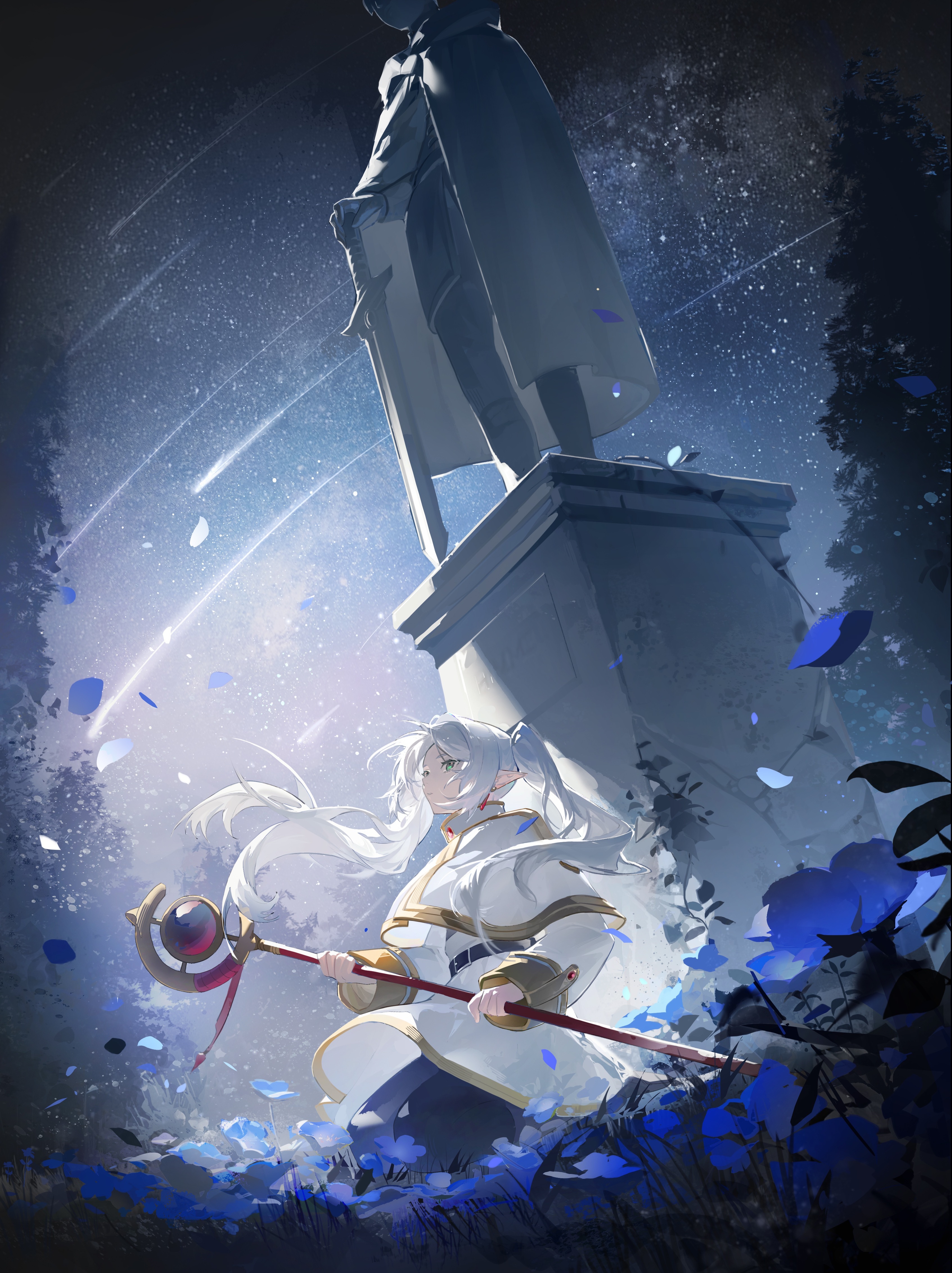 Frieren looking at Himmel's statue in Frieren: Beyond Journey's End HD Wallpaper