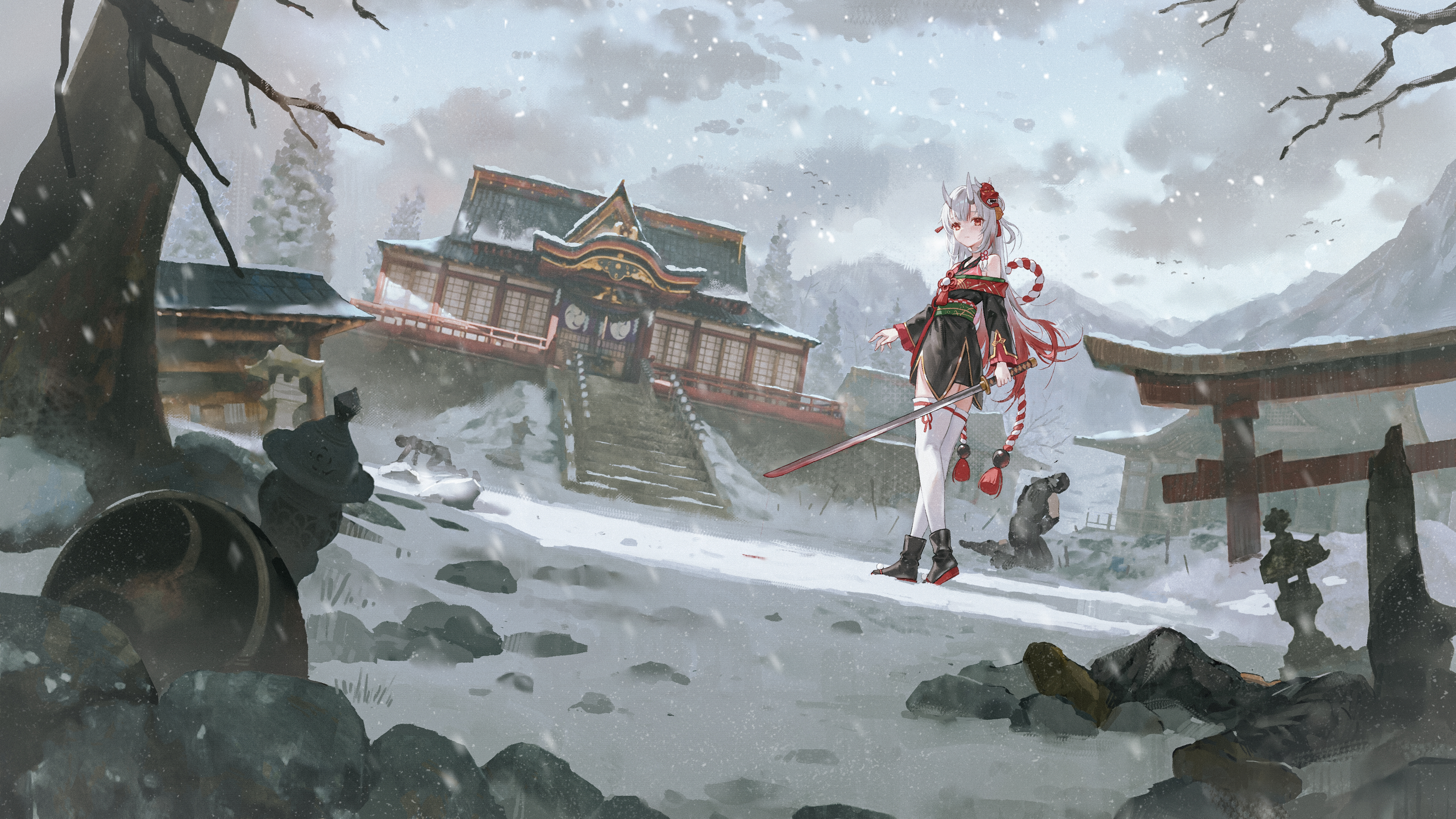 Nakiri Ayame from Hololive at a Snowy Shrine HD Wallpaper