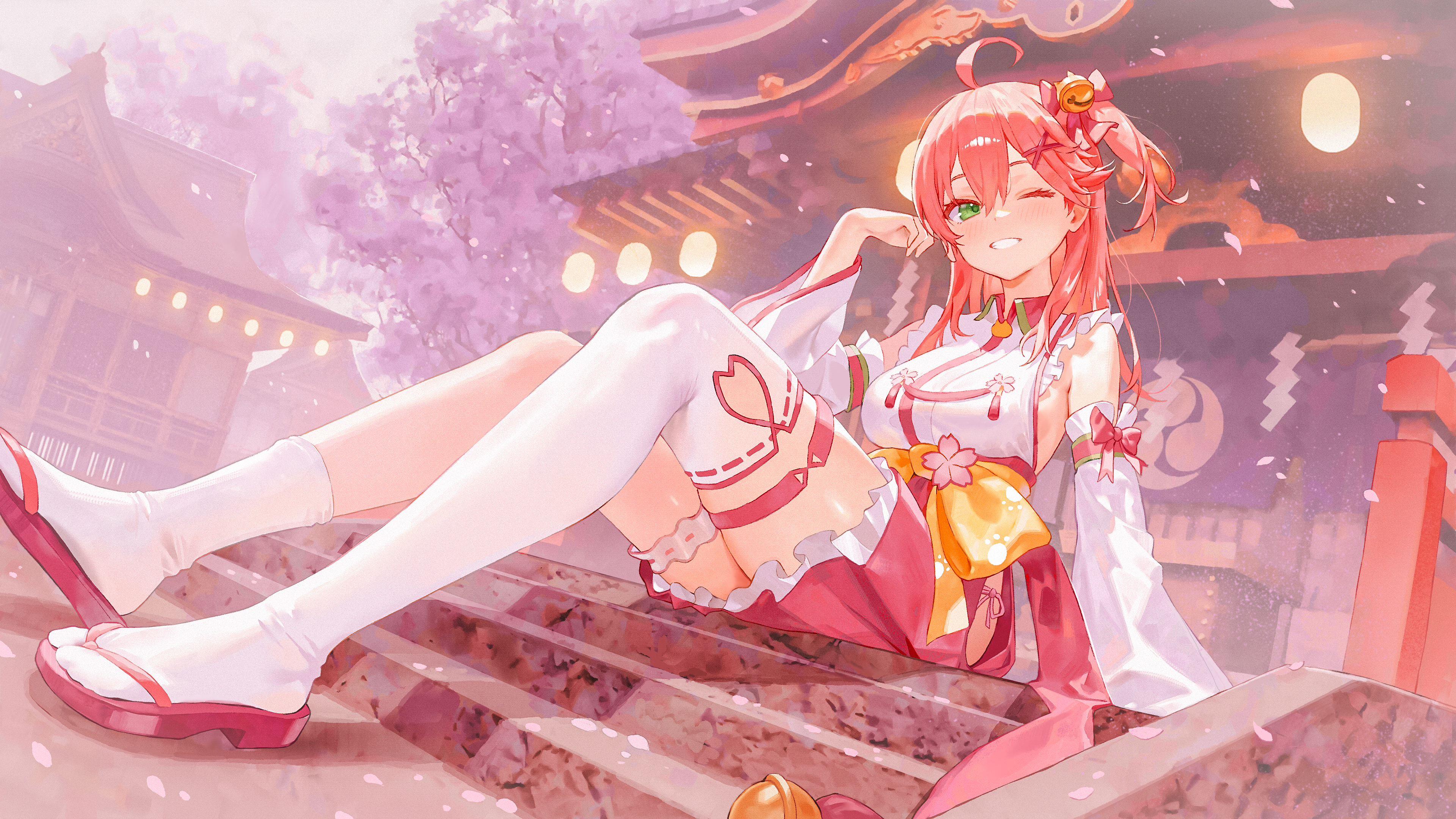 Sakura Miko from Hololive Sitting on Shrine Steps HD Wallpaper